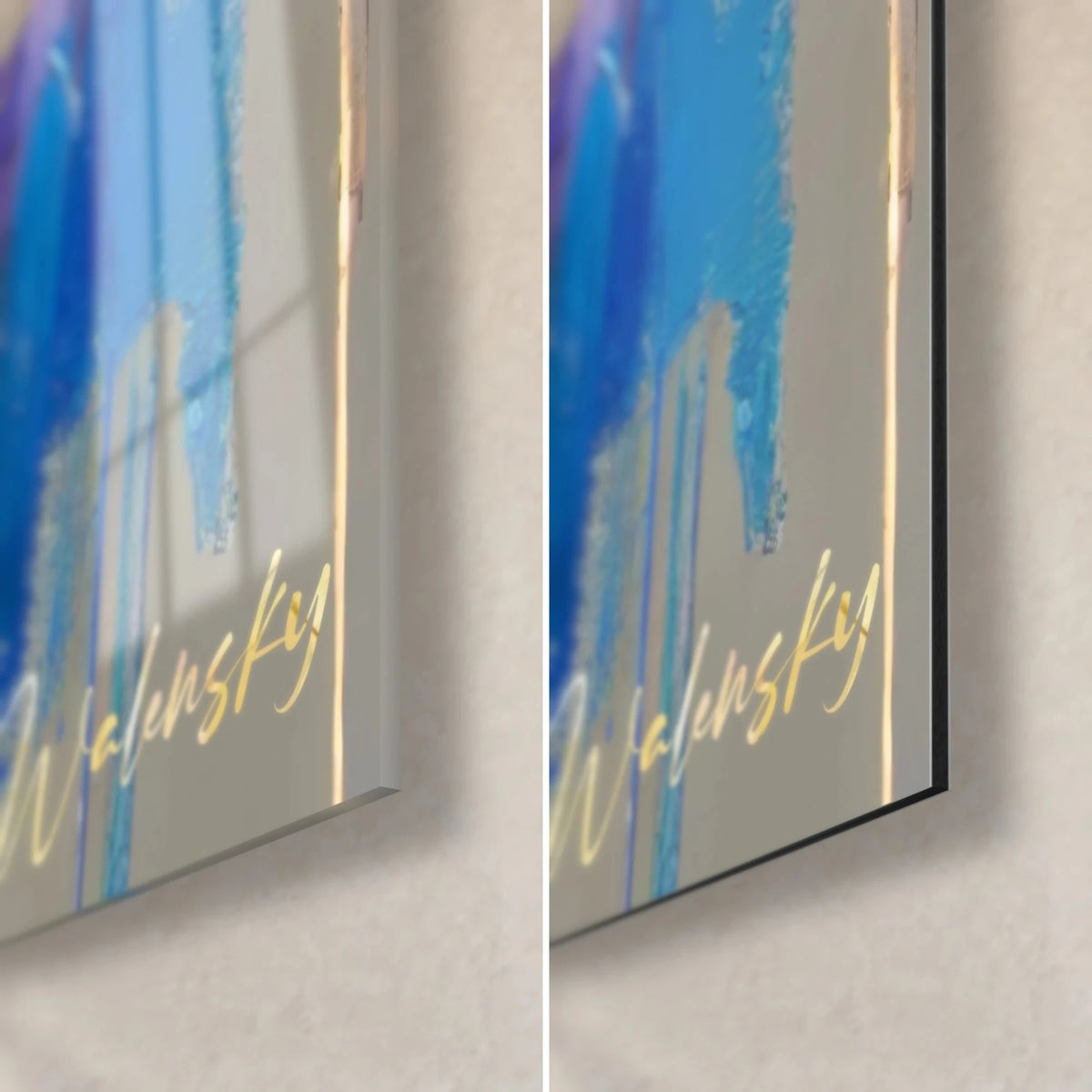 Wall art marble face in azure blue, bottom right corner: golden Walensky signature, glossy glass on the left, matt black Dibond aluminum with a slim edge on the right