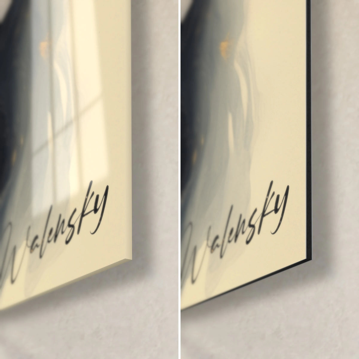 Quadro vortice rosso e nero, angolo in basso a destra: vetro acrilico lucido a sinistra, alluminio Dibond opaco a destra, bordo di 3 mm, firma Walensky