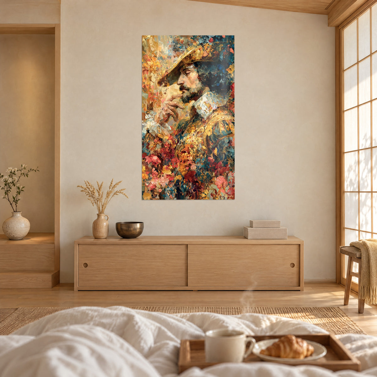 Wall art dreamy nobleman under a yellow felt hat, gold-embroidered coat and rosy flowers, above a bed in a bright bedroom