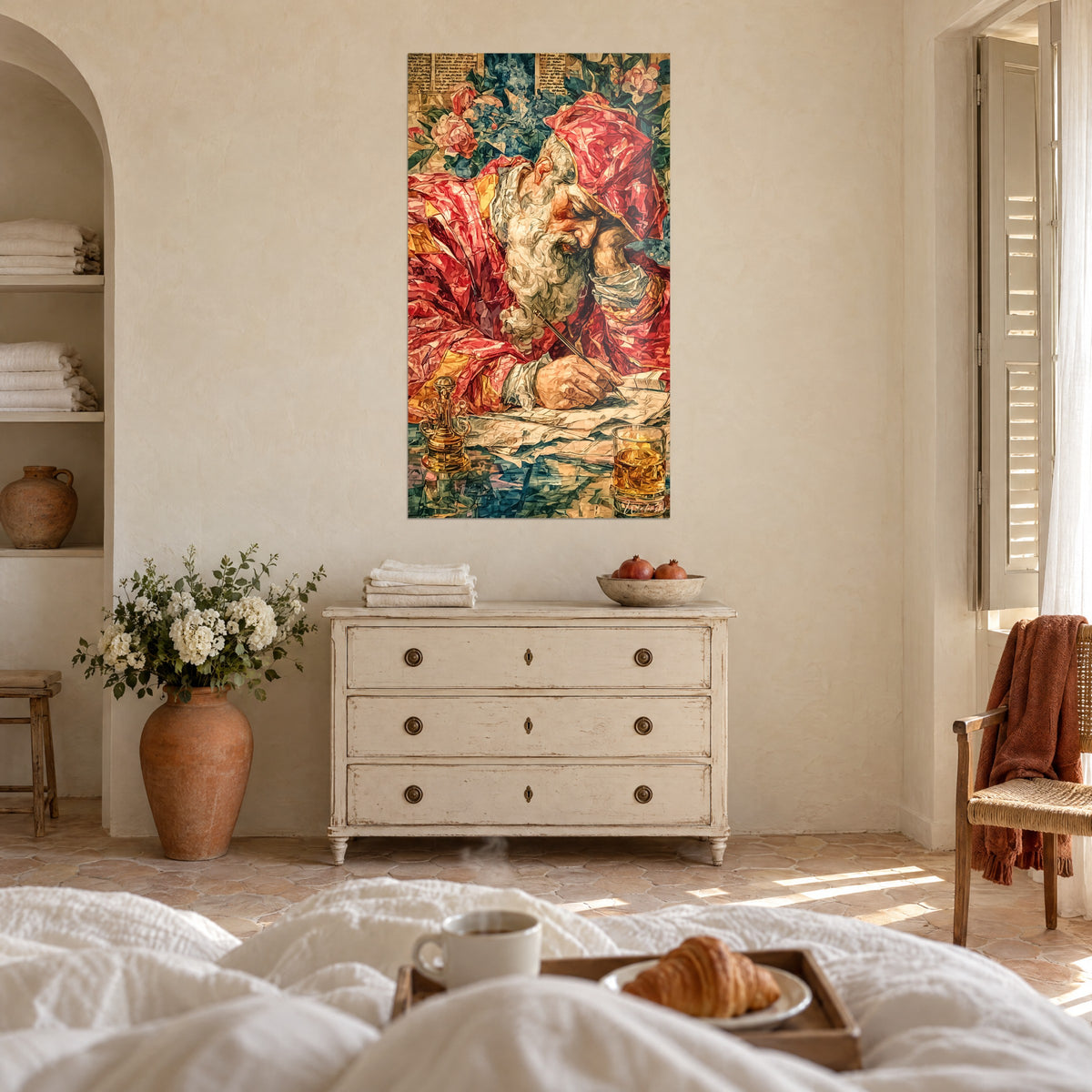 Cuadro monje copista de larga barba blanca, manto rojo vivo con reflejos dorados, encima de una cama en un dormitorio luminoso