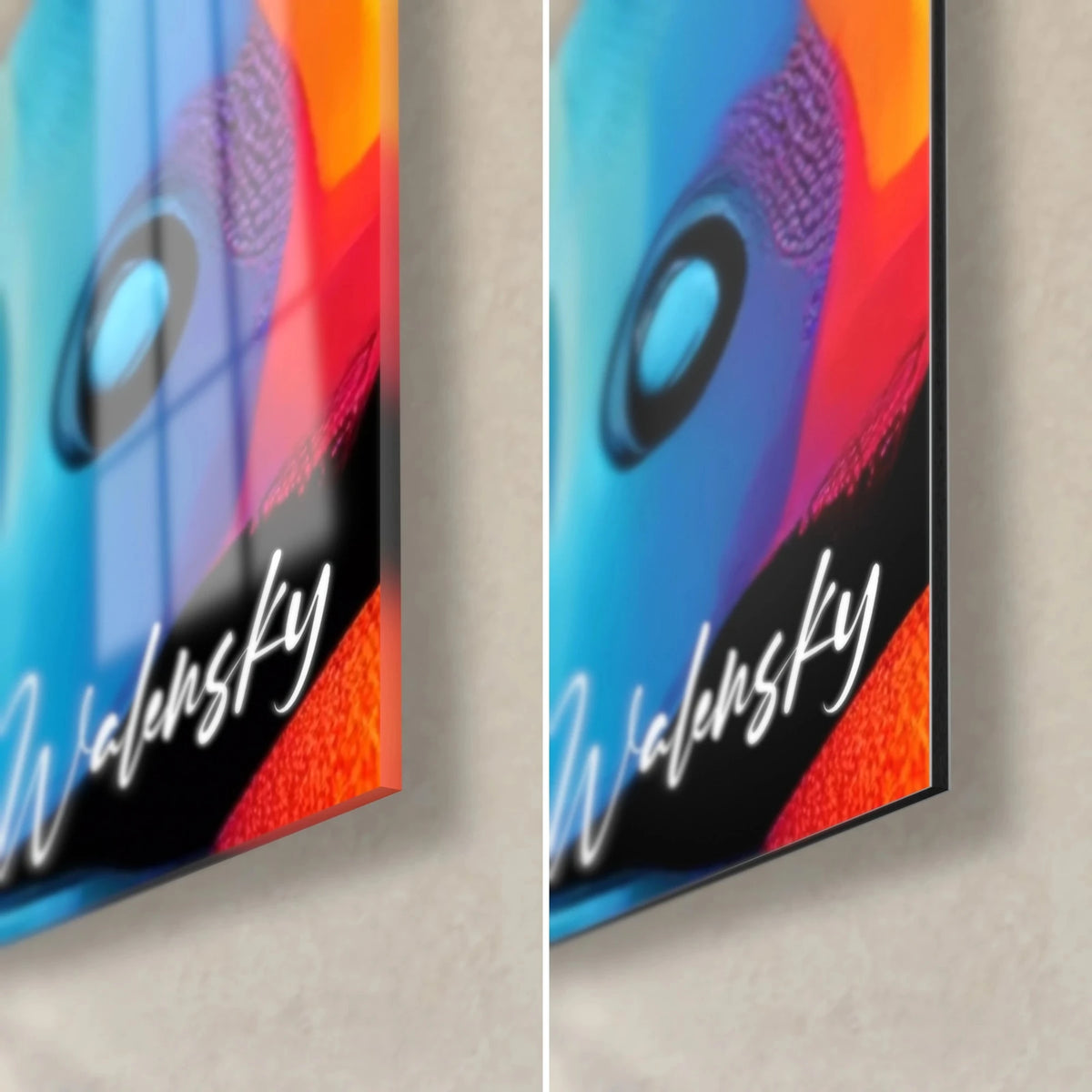 Wall art pop art marble bust, bottom right corner in glossy glass with blue reflections and matte red-orange Dibond, white signature