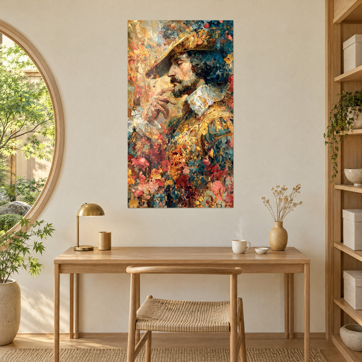 Wall art Renaissance portrait in thick impasto, brown beard, ochre and duck blue doublet, facing a light wood desk