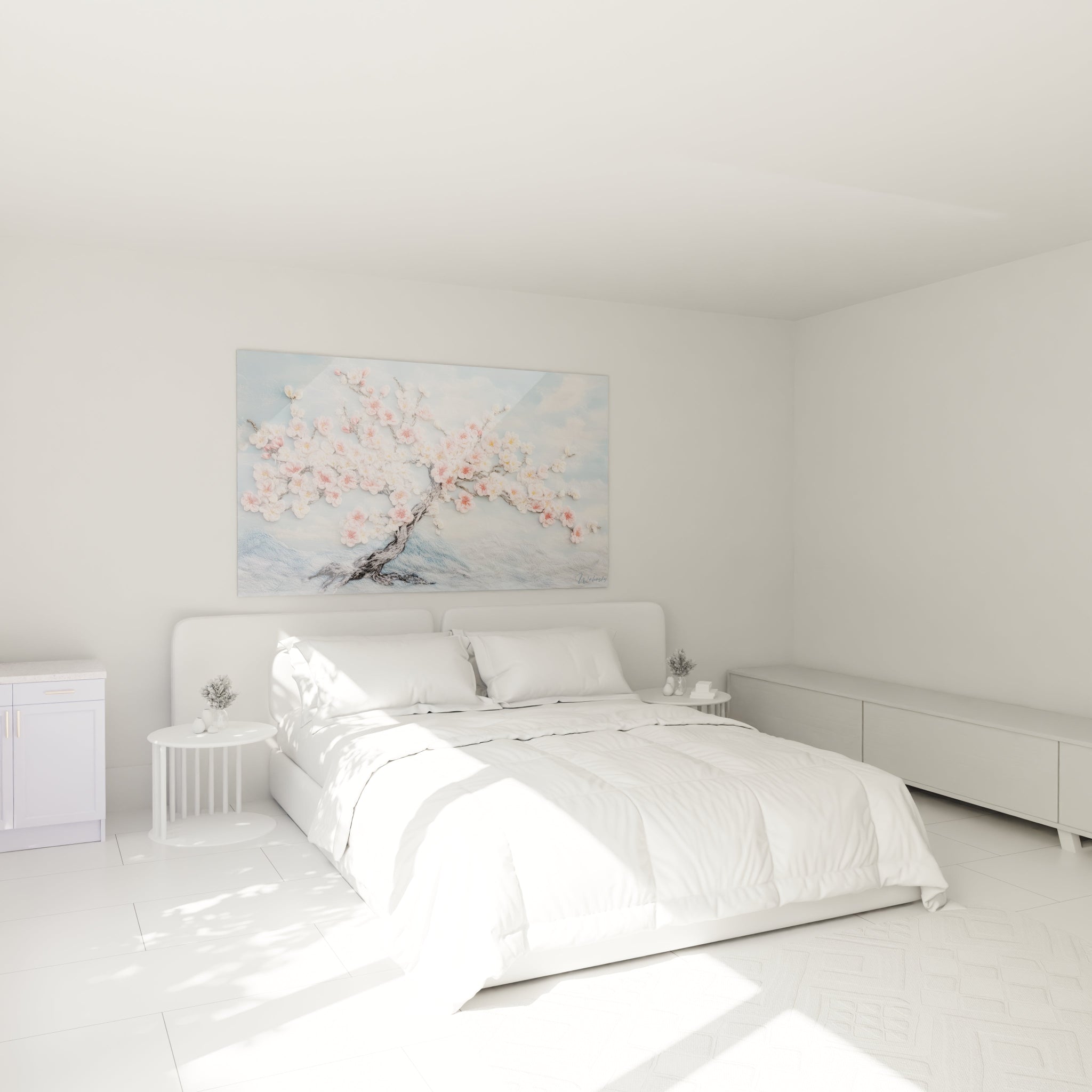 Un tableau tridimensionnel d'un cerisier en fleurs avec tronc gris foncé sculpté, orné de délicates fleurs roses et blanches en relief contre un ciel bleu paisible et des montagnes bleutées à l'horizon, combinant technique mixte et texture tactile.
