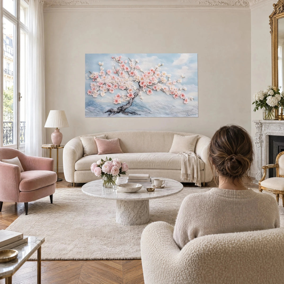 Quadro ciliegio giapponese con fiori ricamati rosa cipria su cielo azzurro pallido, sopra un divano in un soggiorno luminoso