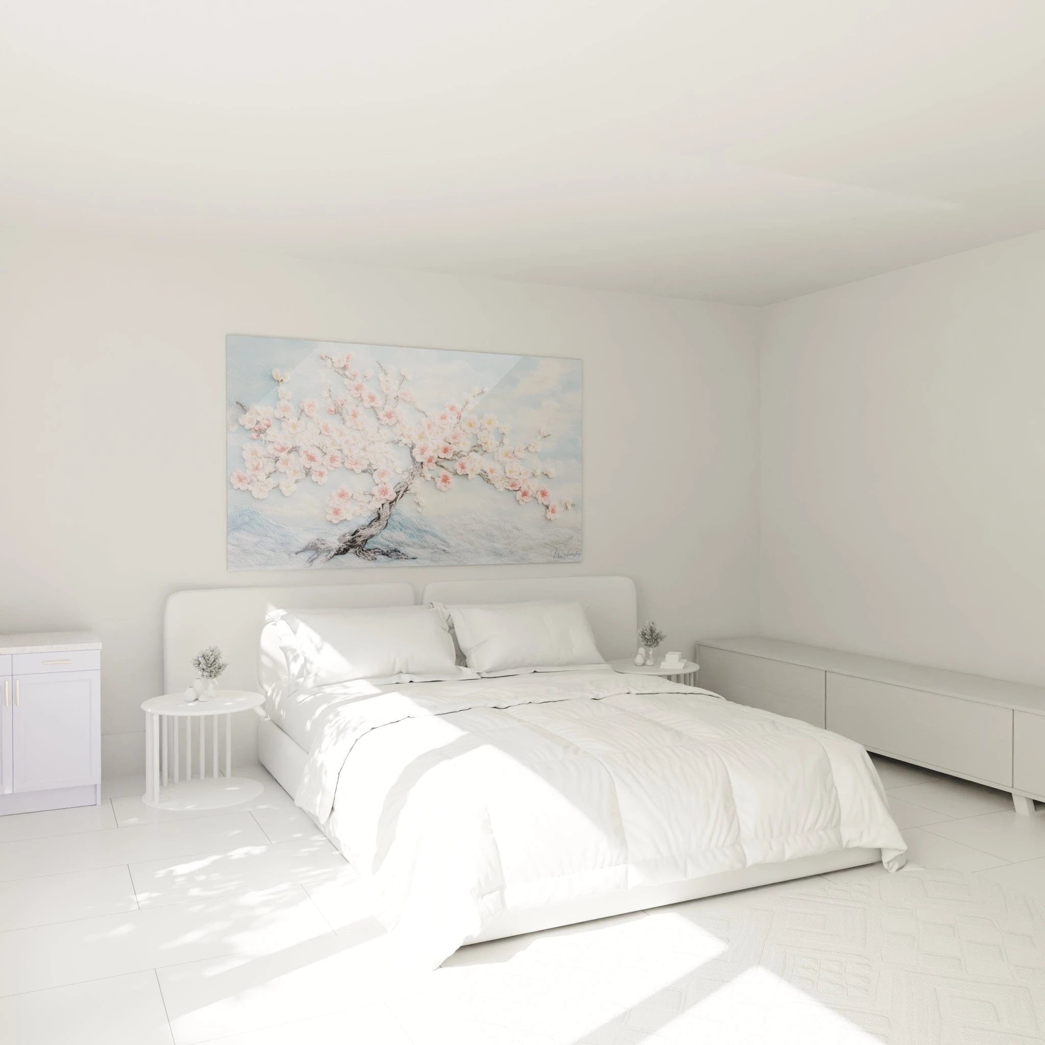 Un tableau tridimensionnel d'un cerisier en fleurs avec tronc gris foncé sculpté, orné de délicates fleurs roses et blanches en relief contre un ciel bleu paisible et des montagnes bleutées à l'horizon, combinant technique mixte et texture tactile.
