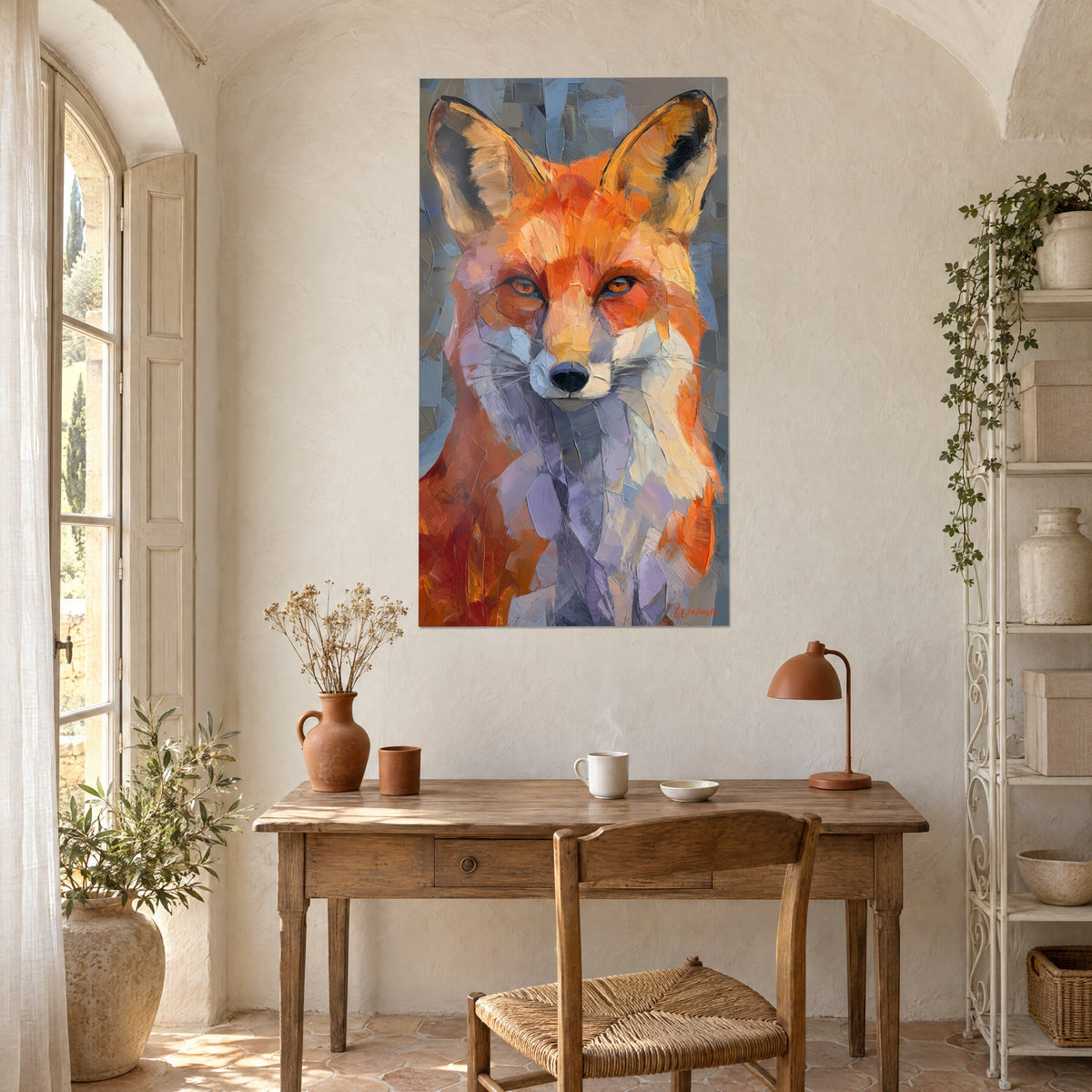 Gemälde Fuchsgesicht mit schwarz gesäumten Ohren, orange und perlgraue Töne, über einem Schreibtisch aus hellem Holz