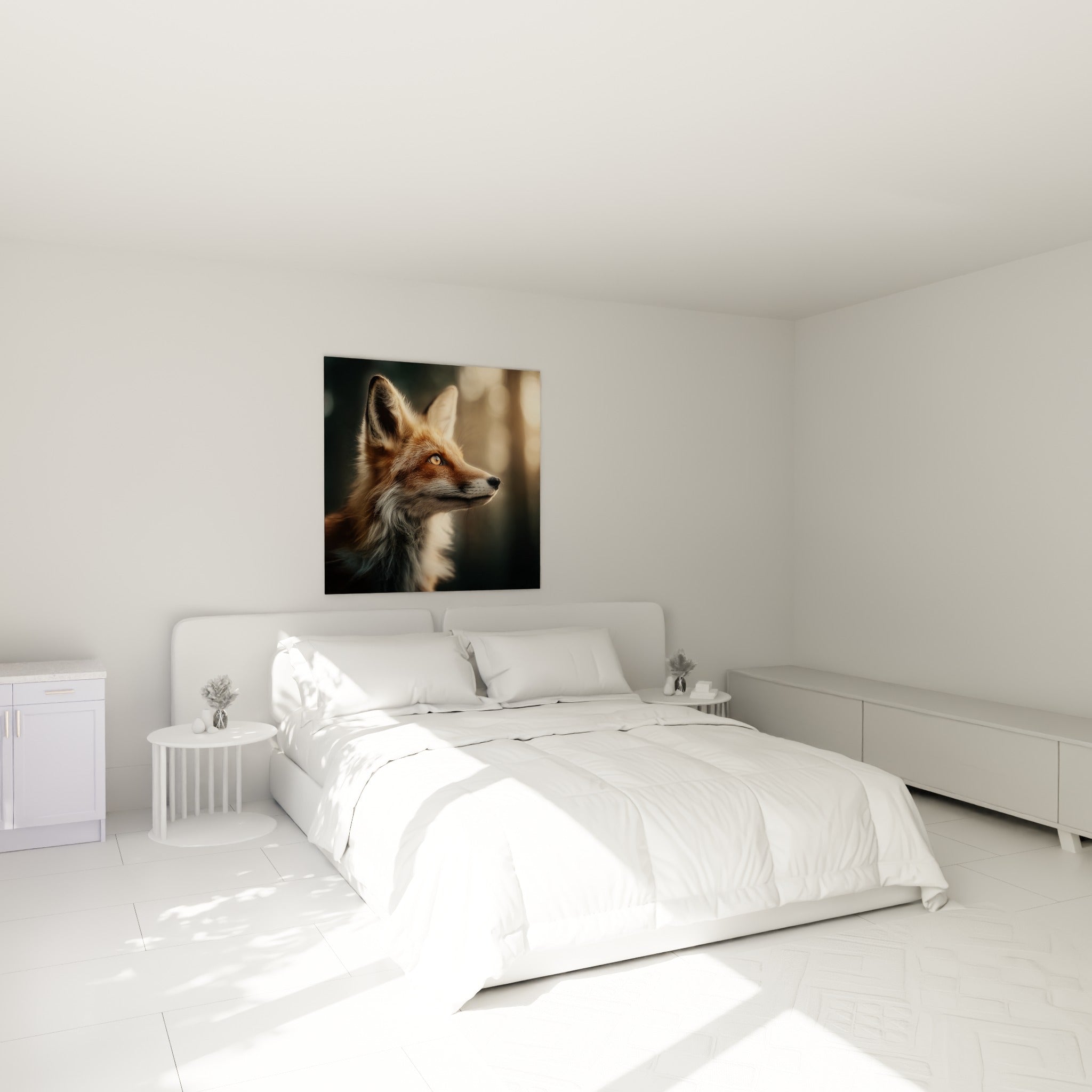 Portrait de renard ambré et roux placé au-dessus d'un lit dans une chambre claire