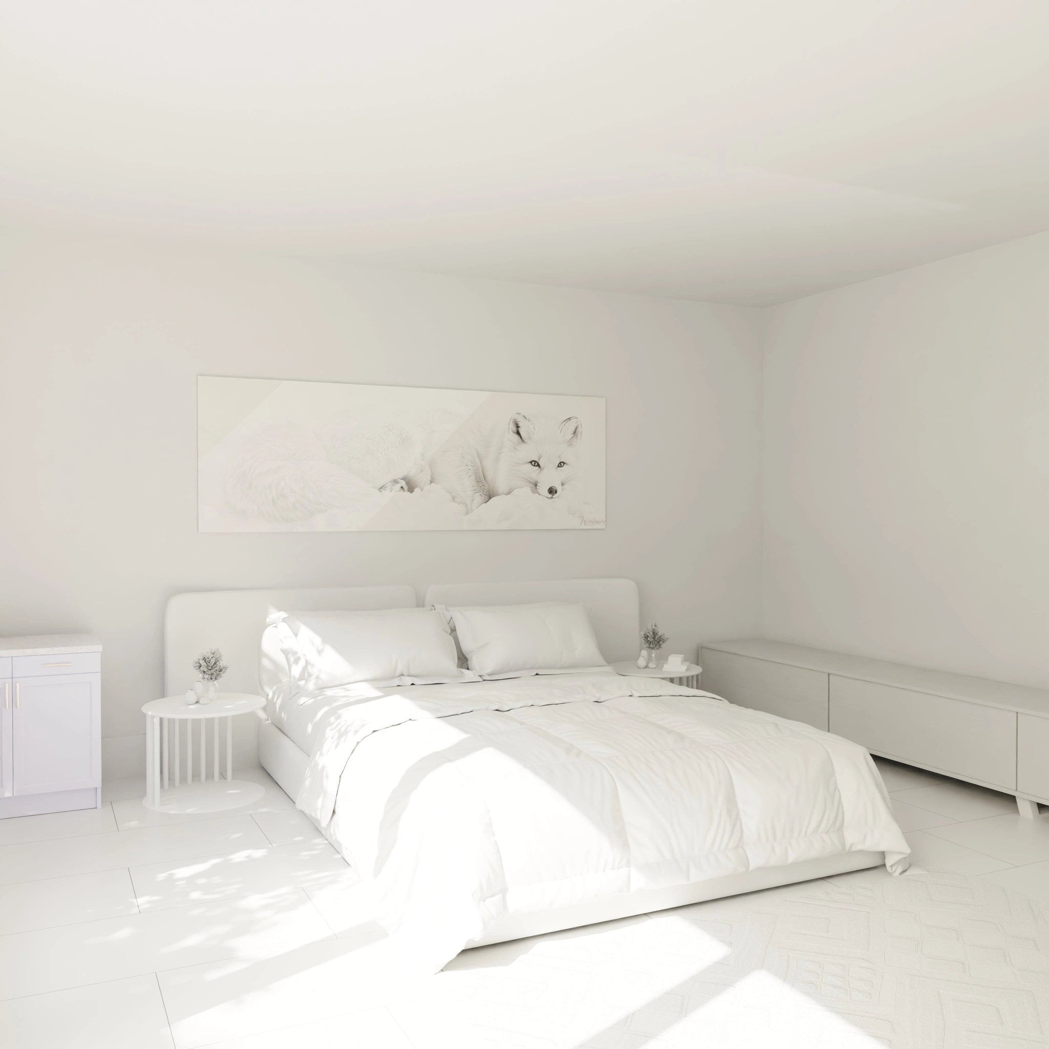 Tableau renard Walensky en tons blancs accroché au-dessus d'un lit double dans une chambre lumineuse minimaliste
