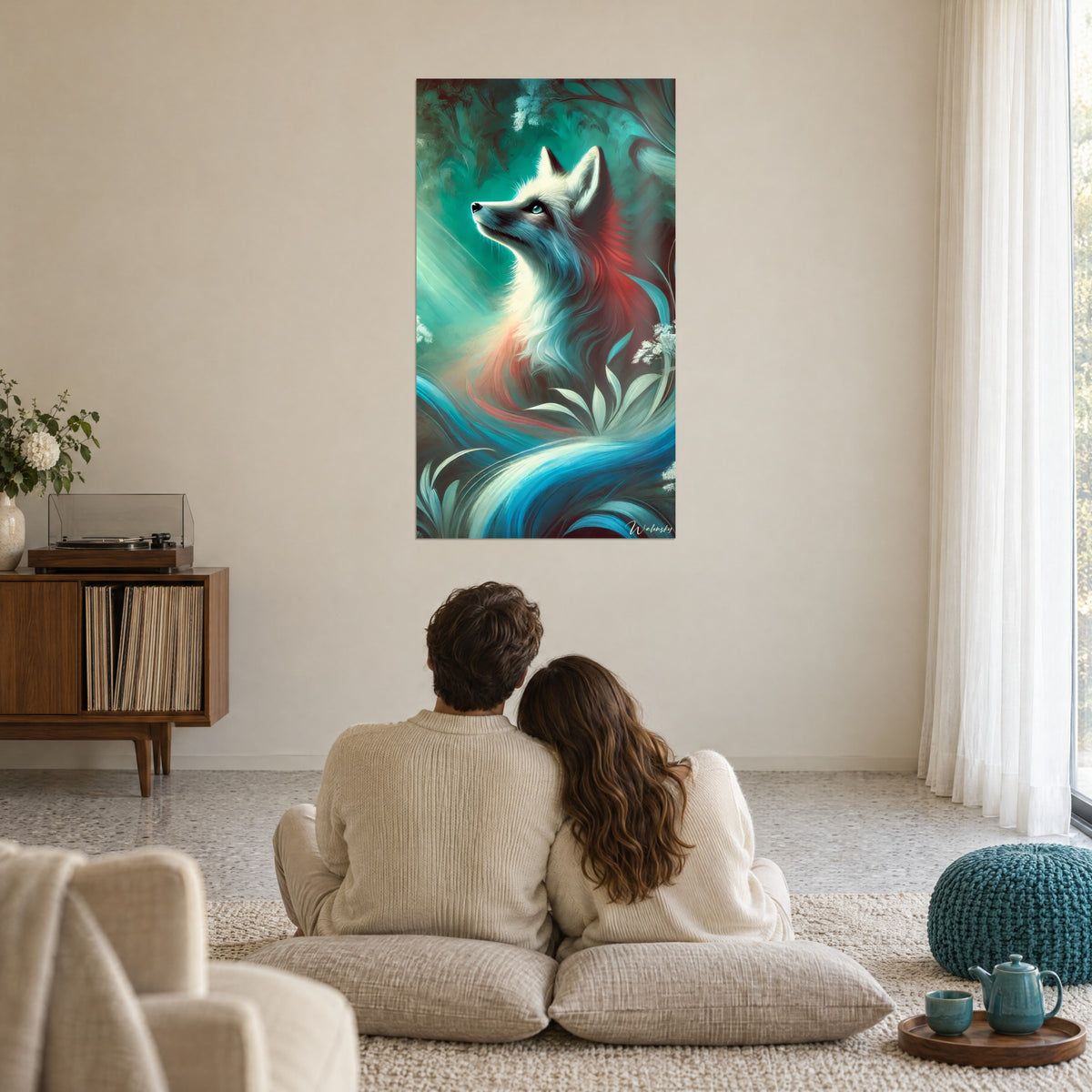 Cuadro animal contemplativo, zorro con la mirada hacia el cielo, rojo carmín y azul pato, pareja sentada de espaldas sobre cojines