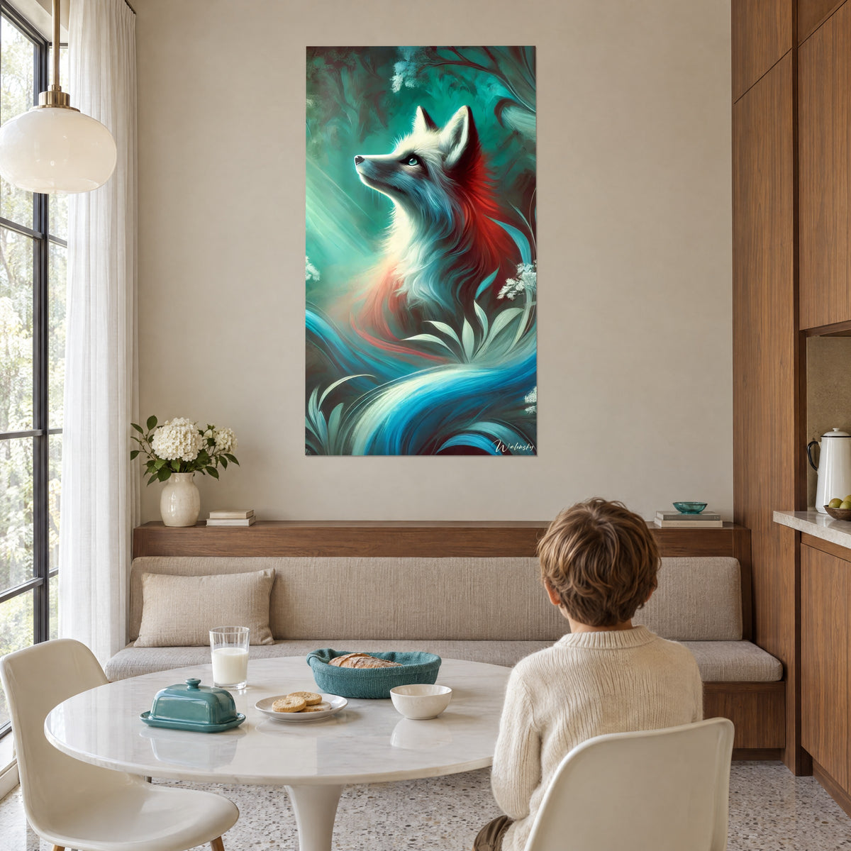 Cuadro zorrito soñador en pintura digital, cola azul celeste y follaje verde pálido, salón de ventanales altos, niño de espaldas