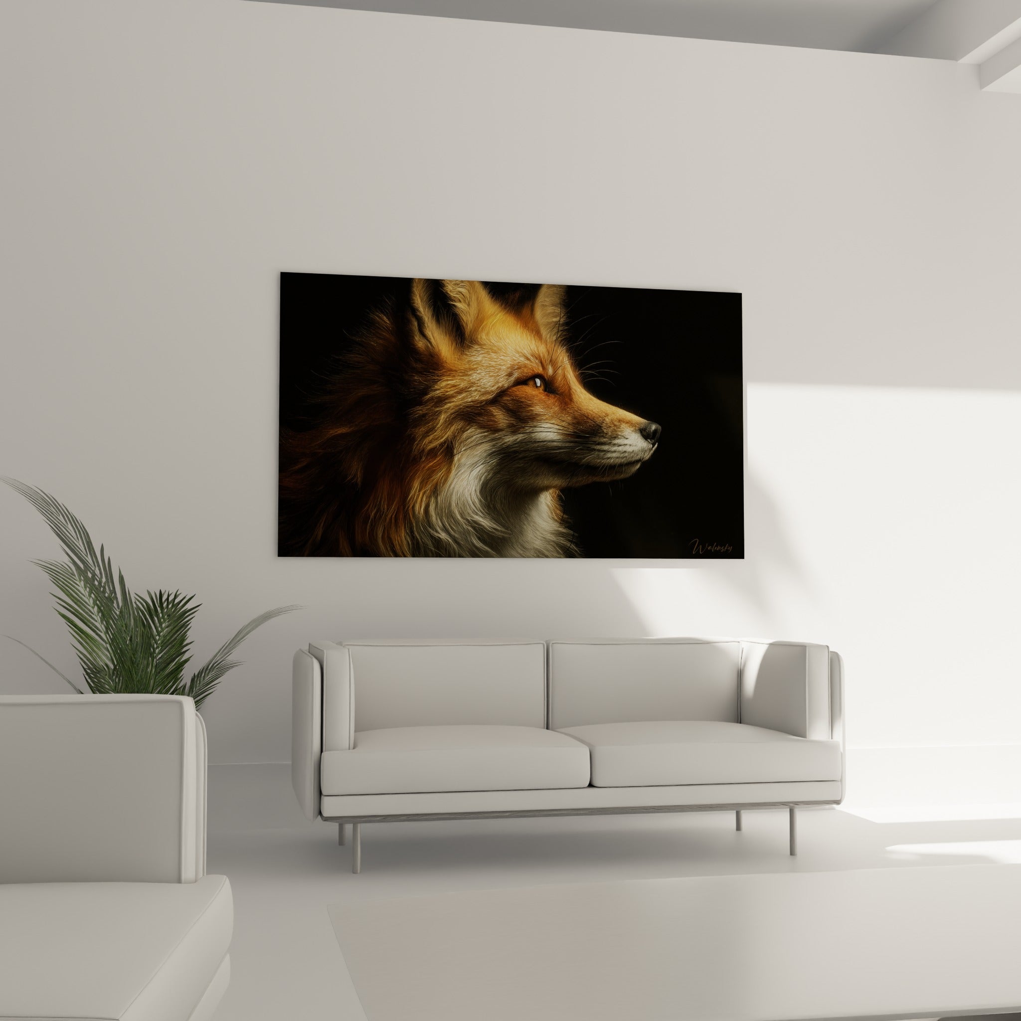 Portrait de renard aux tons fauves et anthracite, suspendu au-dessus d'un canapé dans un salon lumineux