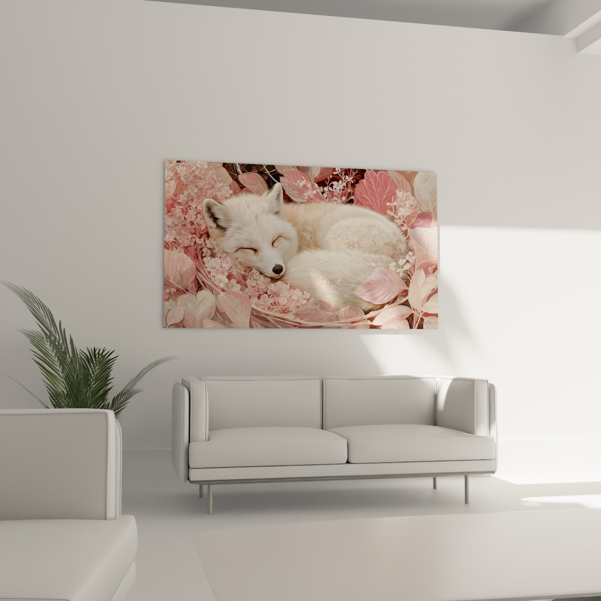 Renard endormi entouré de pétales roses et fuchsia, au-dessus d'un canapé dans un salon lumineux
