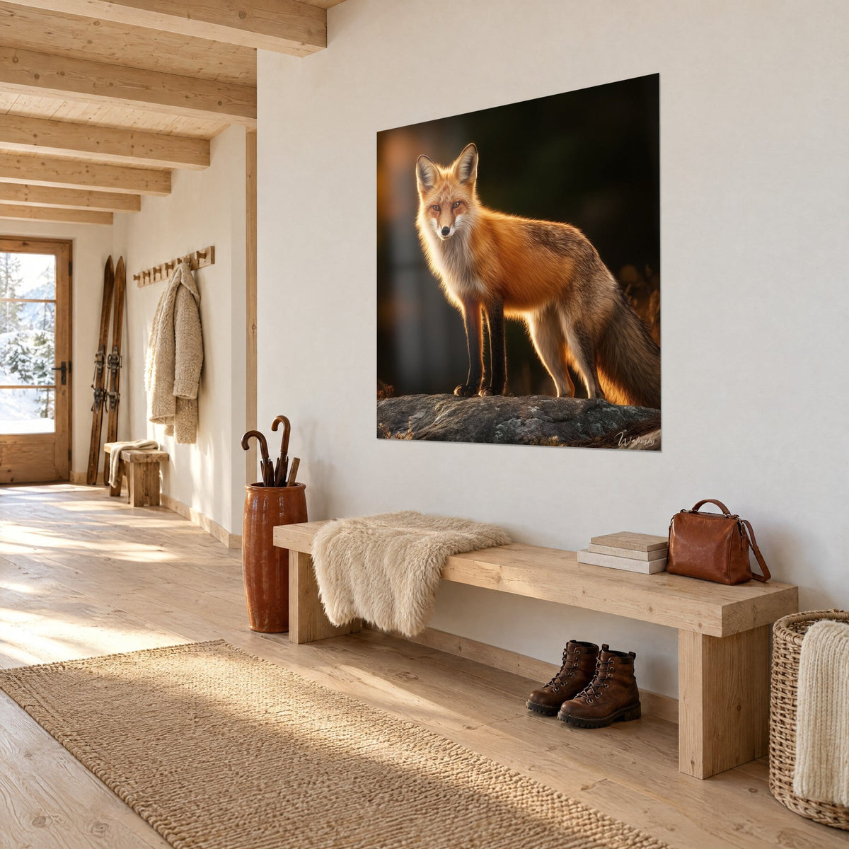 Wall art of a red fox on a moss-covered grey rock, golden backlight and amber eyes, white wall of a chalet entrance