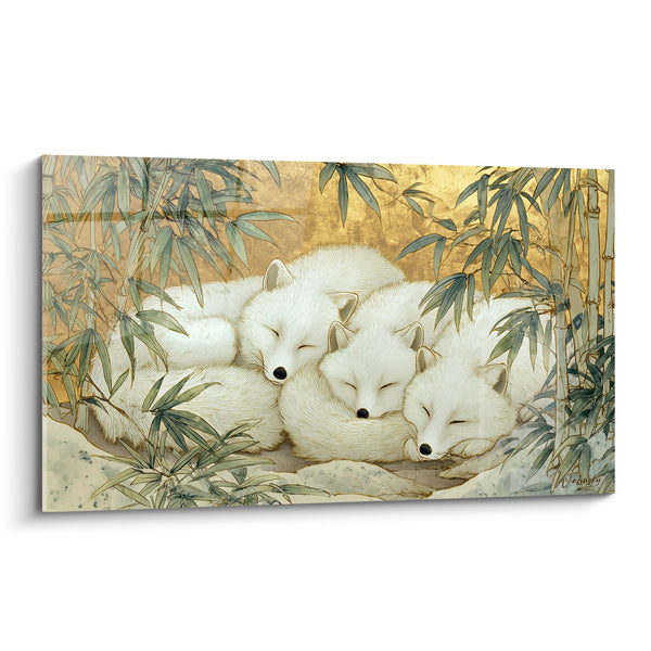 Tableau Renards polaires blanc et doré endormis - Sommeil blotti - Edition Renard