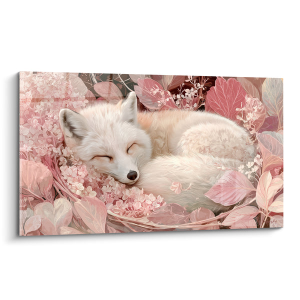 Tableau Renard blanc lové parmi feuillages roses et pâles - Petites fleurs d'hortensia - Edition Renard