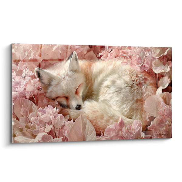 Tableau Renard blanc lové parmi les fleurs roses - Sommeil fleuri - Edition Renard