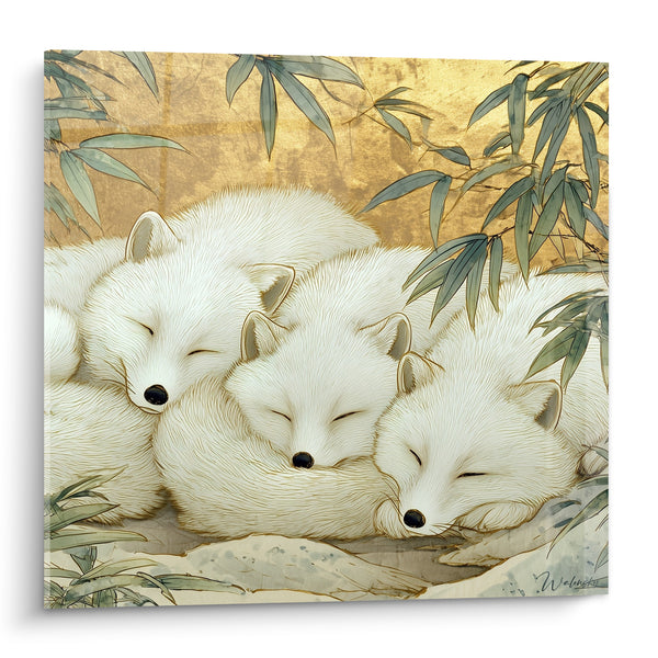 Tableau Renards blancs endormis sous feuillage doré - Sommeil câlin - Edition Renard