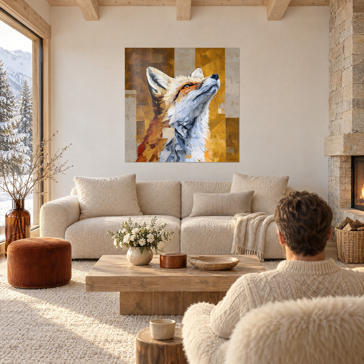 Wall art red fox with raised muzzle on hammered gold and beige background, couple seen from behind, above a sofa in a bright living room
