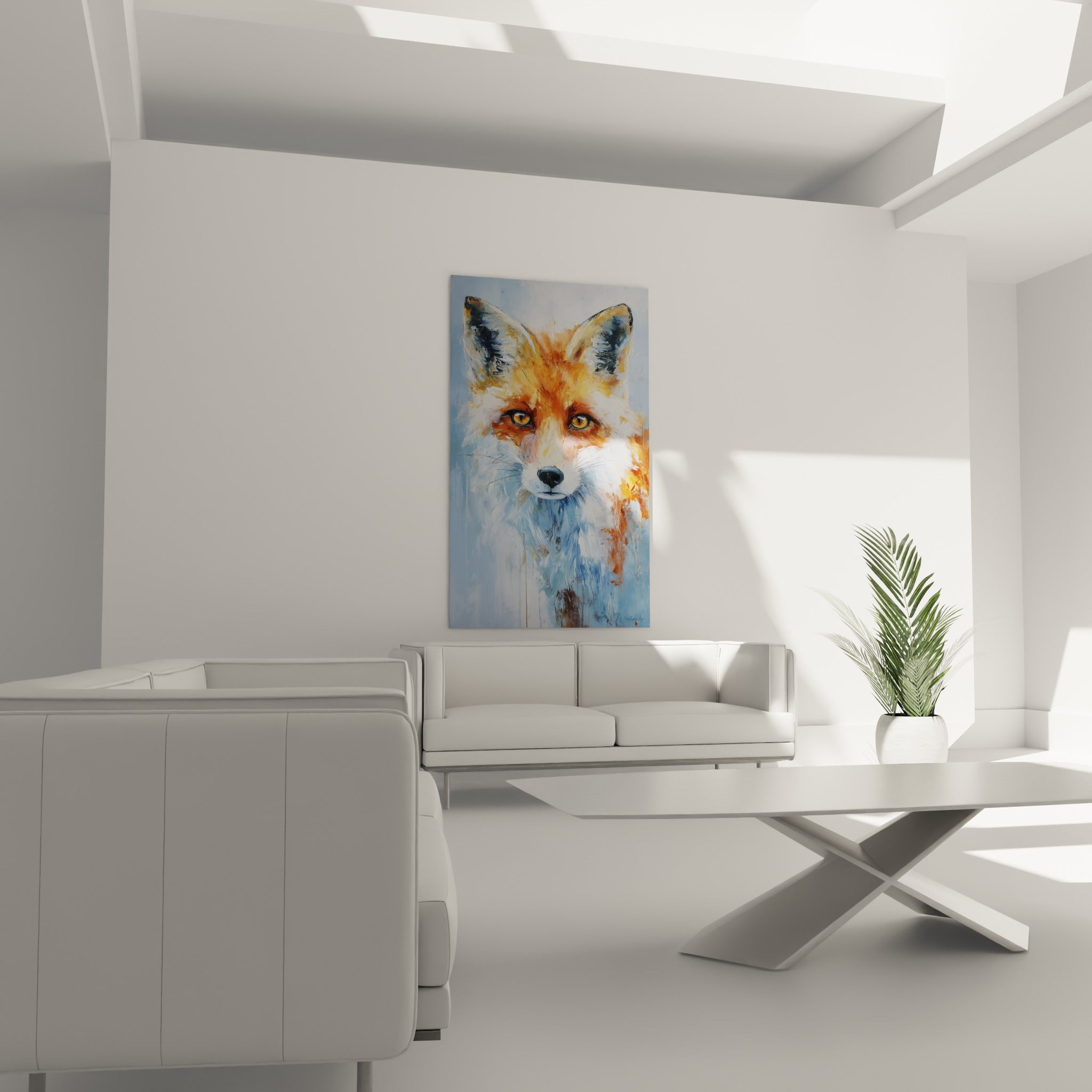Renard aquarelle bleu et orange accroché au-dessus d'un canapé dans un salon lumineux