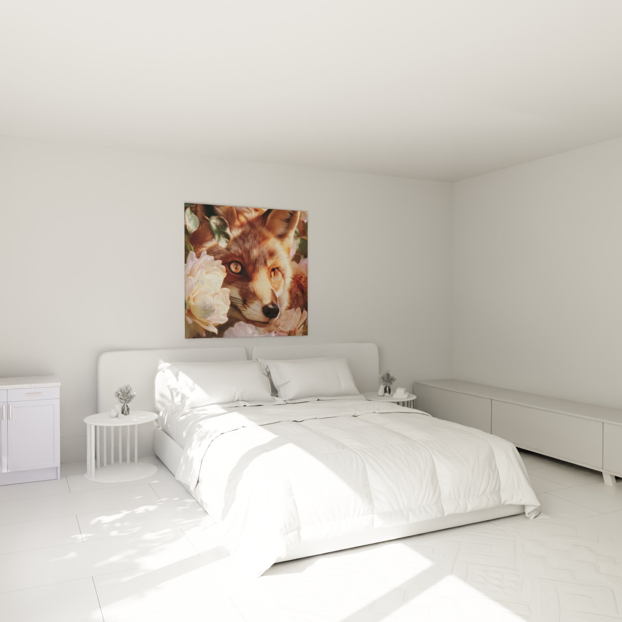 Museau noir et yeux dorés du renard accroché au-dessus d'un lit dans une chambre claire