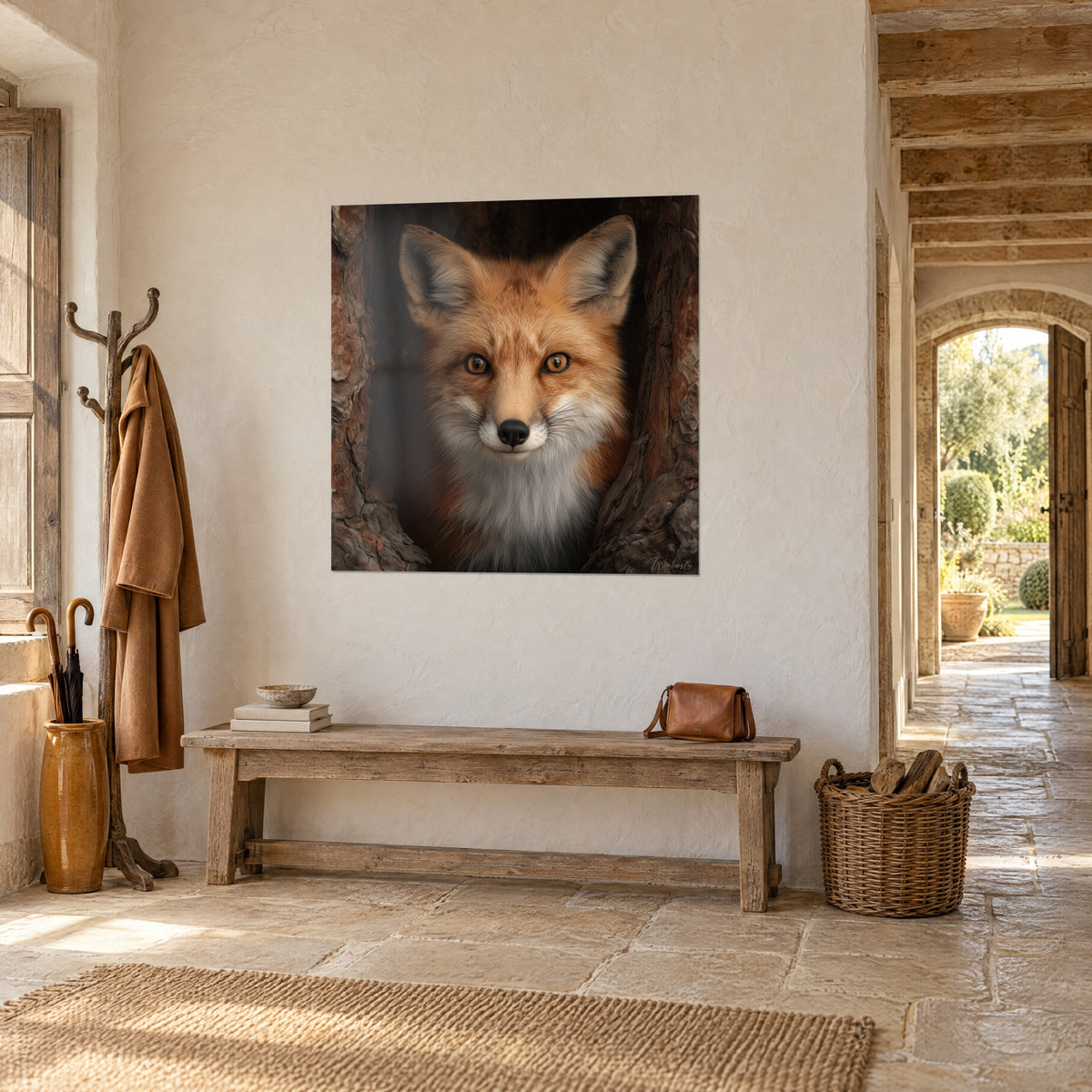Wall art fox with orange fur and cream chest nestled in a dark tree trunk, three-quarter view against a light stone wall