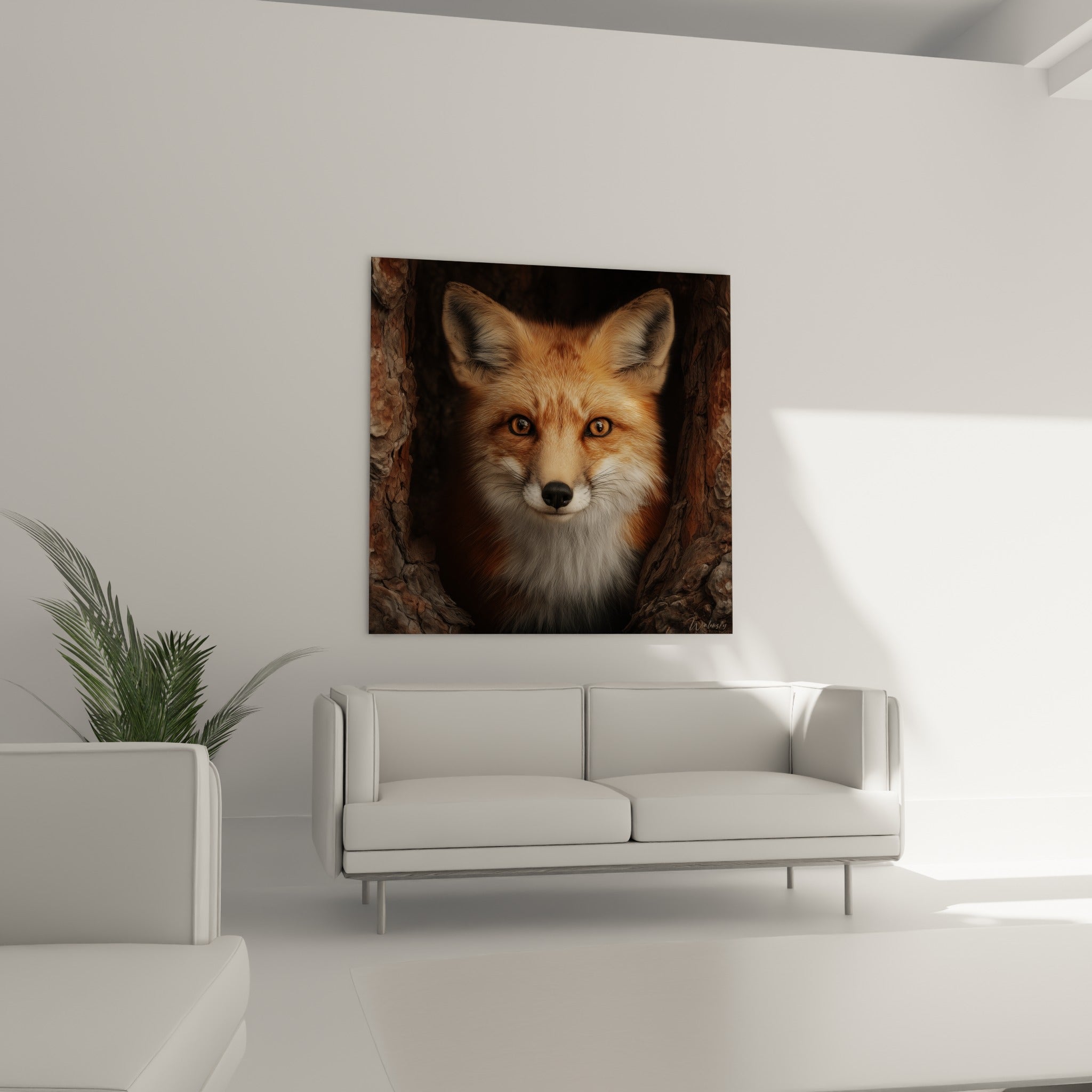 Portrait de renard roux et brun aux détails saisissants, suspendu au-dessus d'un canapé dans un salon lumineux