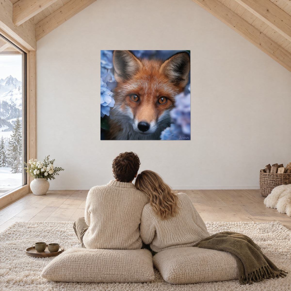 Gemälde Rotfuchs mit durchdringendem Blick in einem Kranz blau-violetter Hortensien, ein Paar von hinten auf beigen Kissen, unter einem Chalet-Dachgebälk