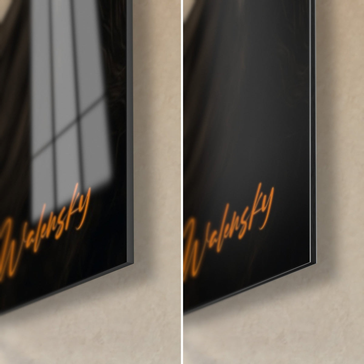 Wall art fox mother and her cub, bottom right corner: glossy glass on the left, matte Dibond on the right, orange signature on black