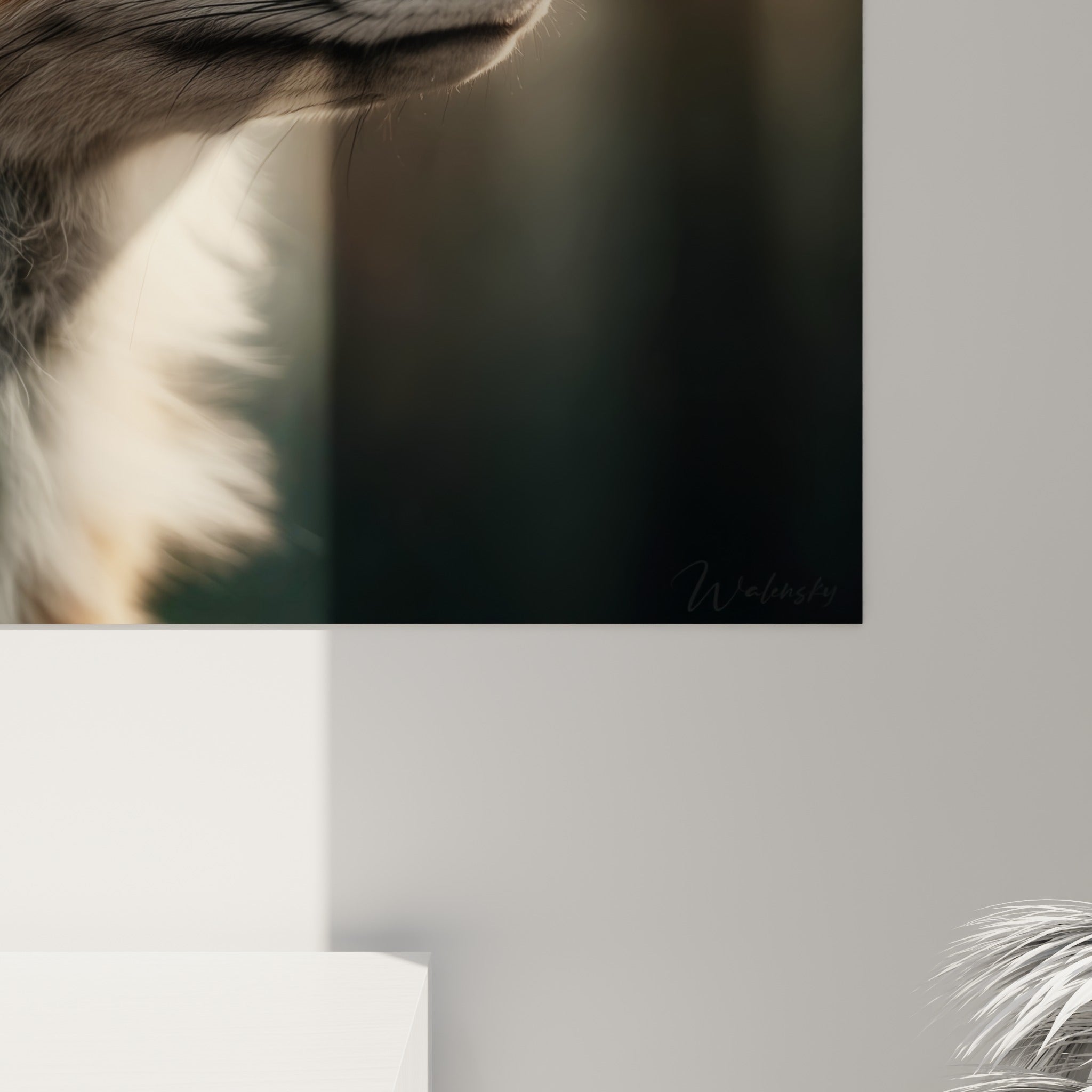 Détail du pelage roux et blanc du renard, empâtements fins et reflets dorés sur la toile