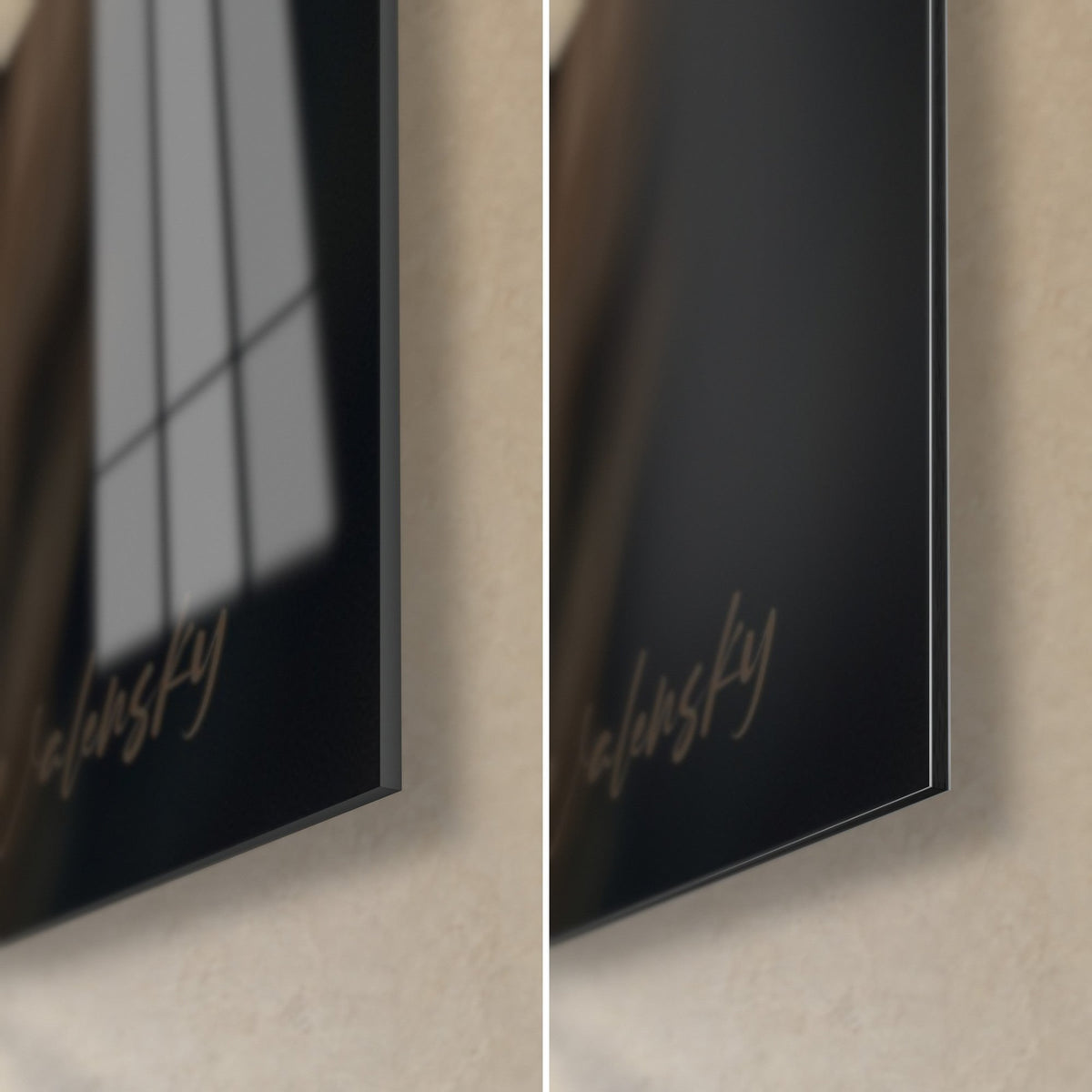 Cuadro zorro anaranjado, esquina inferior derecha: cristal acrílico brillante con reflejos a la izquierda, aluminio Dibond negro mate a la derecha, canto de 3 mm