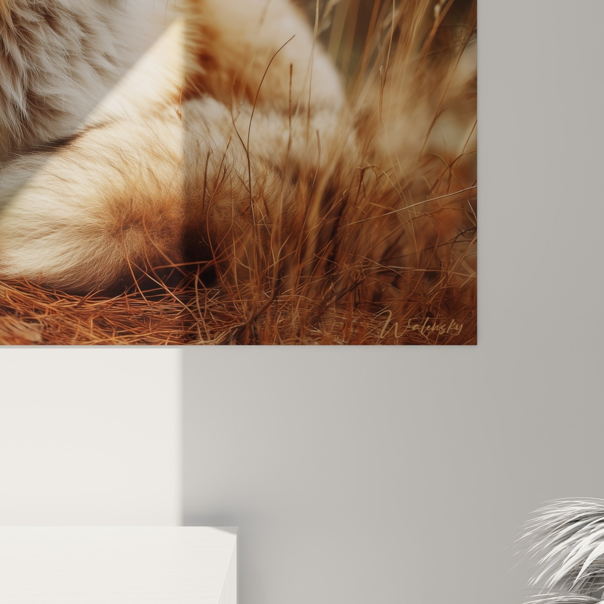 Détail du pelage roux et crème du renard, textures fines et lumière douce sur la toile