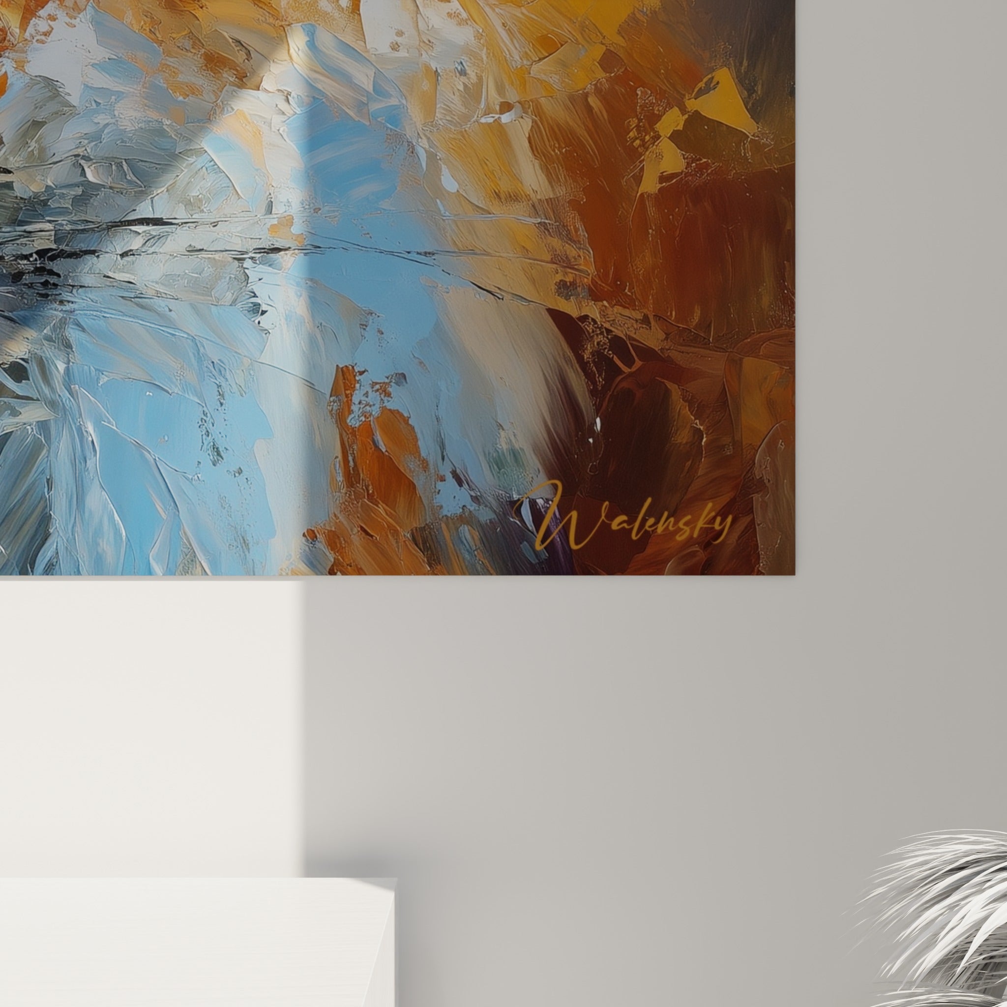 Empâtements épais de peinture orange et bleu ardoise formant la fourrure d'un renard, matière granuleuse visible