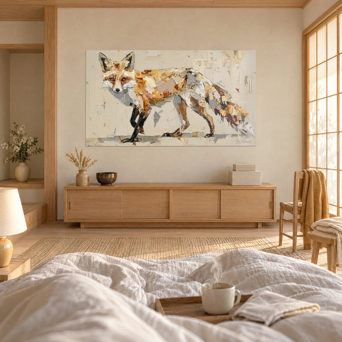 Schilderij gouden vos die over een crème achtergrond loopt, grijze en bruine vachtvlekken op de staart, tegenover een wit bed in een lichte slaapkamer