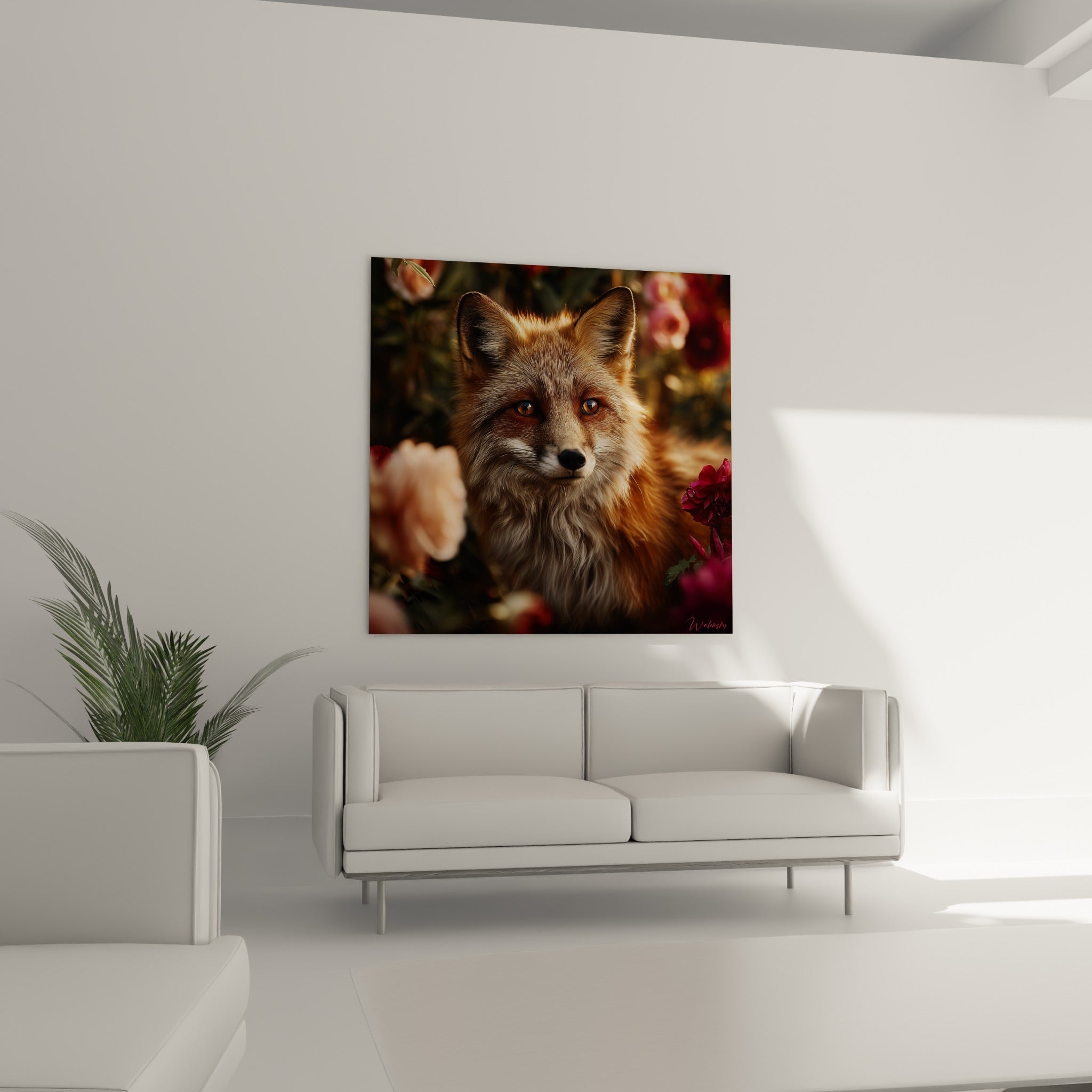 Renard doré et gris niché dans un décor floral rose et pourpre, au-dessus d'un canapé dans un salon lumineux
