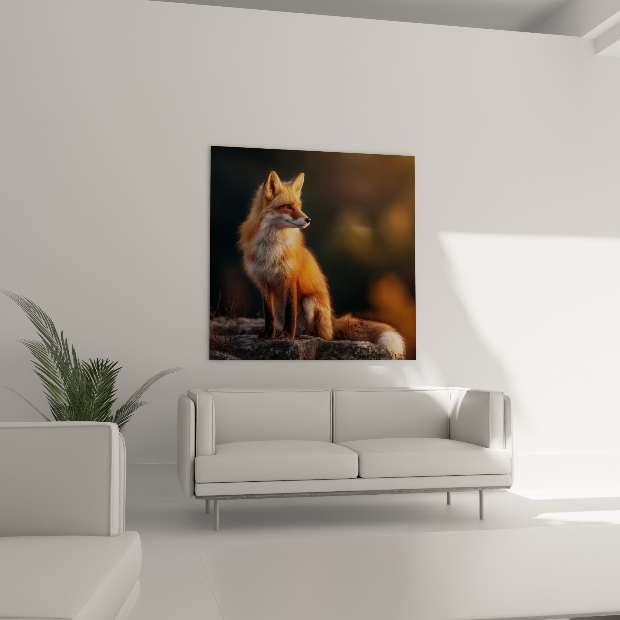 Renard doré sur un rocher, fourrure rousse et crème, au-dessus d'un canapé dans un salon lumineux