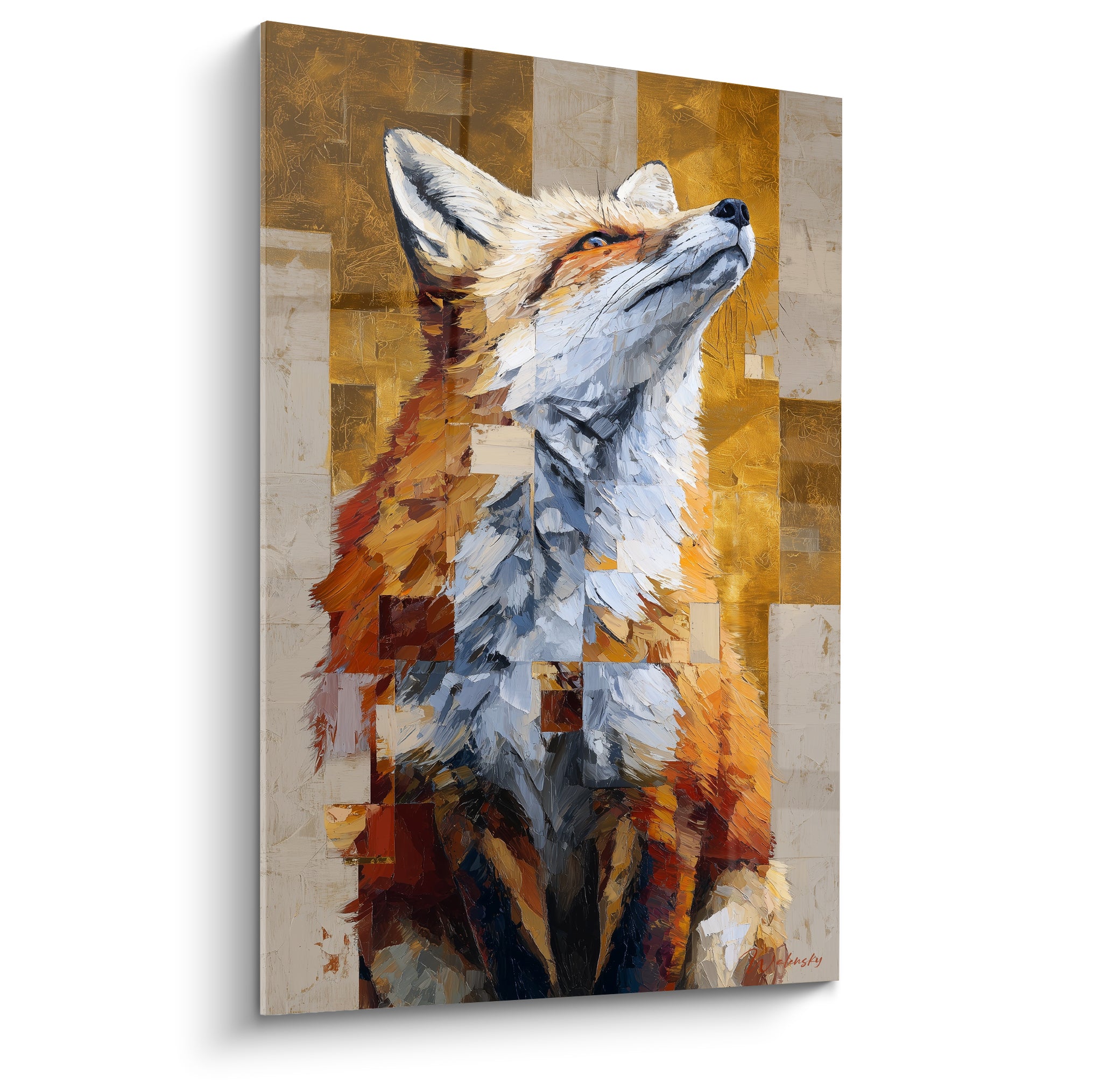 Renard au pelage roux et blanc, museau levé, fond mosaïque doré et anthracite en touches empâtées