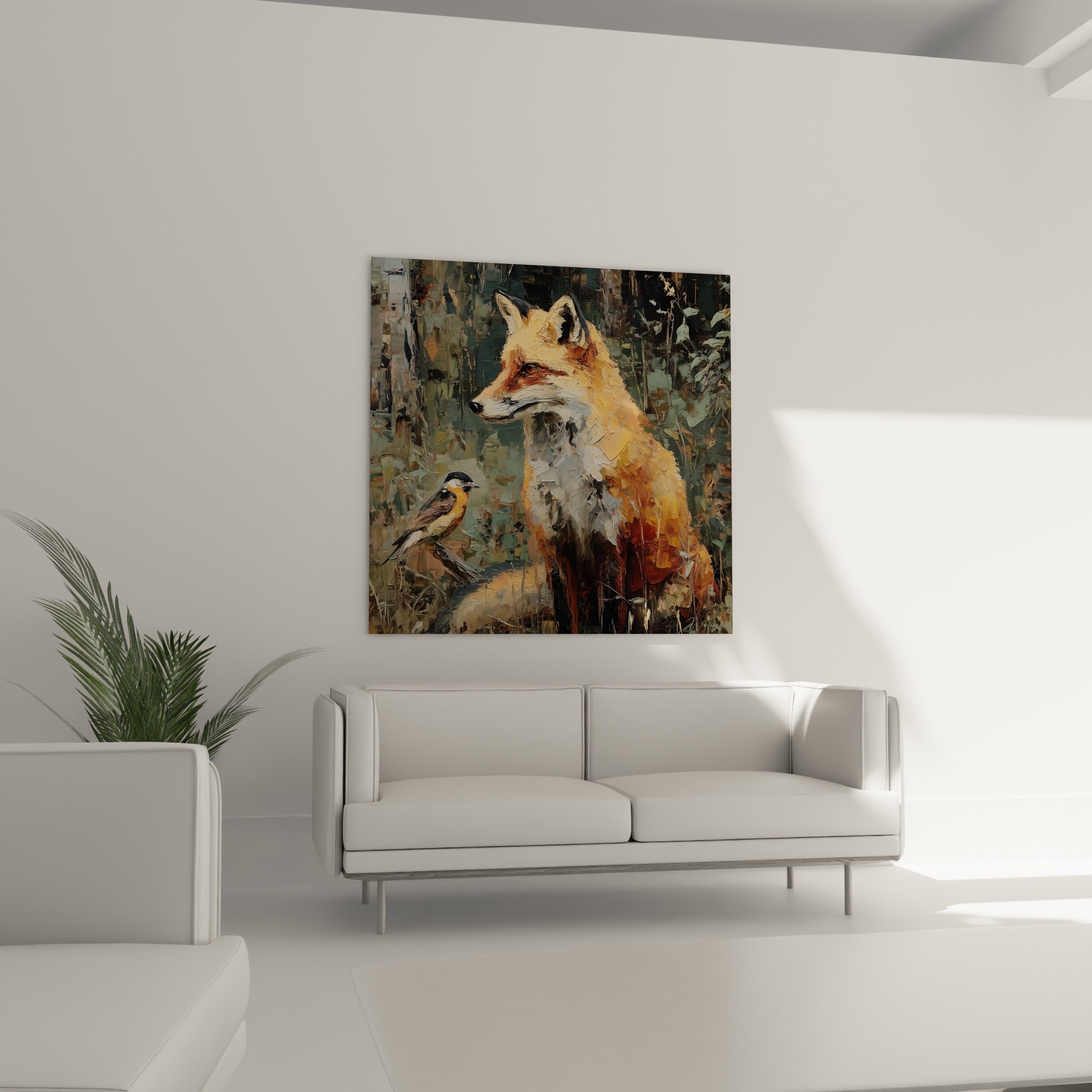 Renard doré observant un oiseau orangé, touches épaisses de peinture, au-dessus d'un canapé dans un salon lumineux