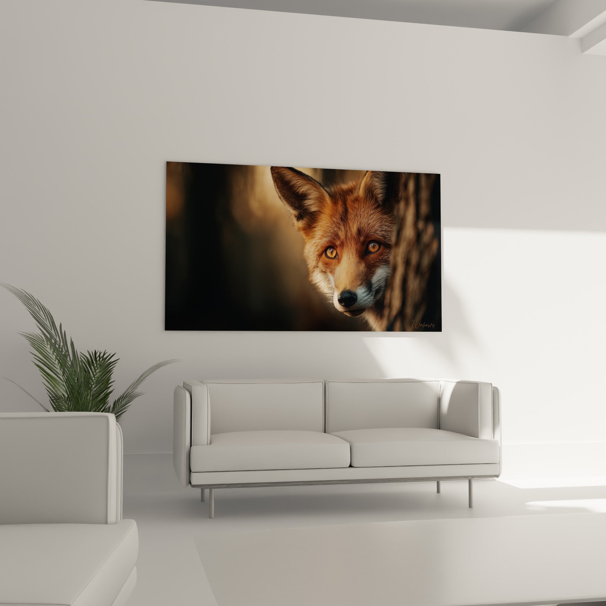 Portrait du renard roux à la lumière dorée, affiché au-dessus d'un canapé dans un salon lumineux