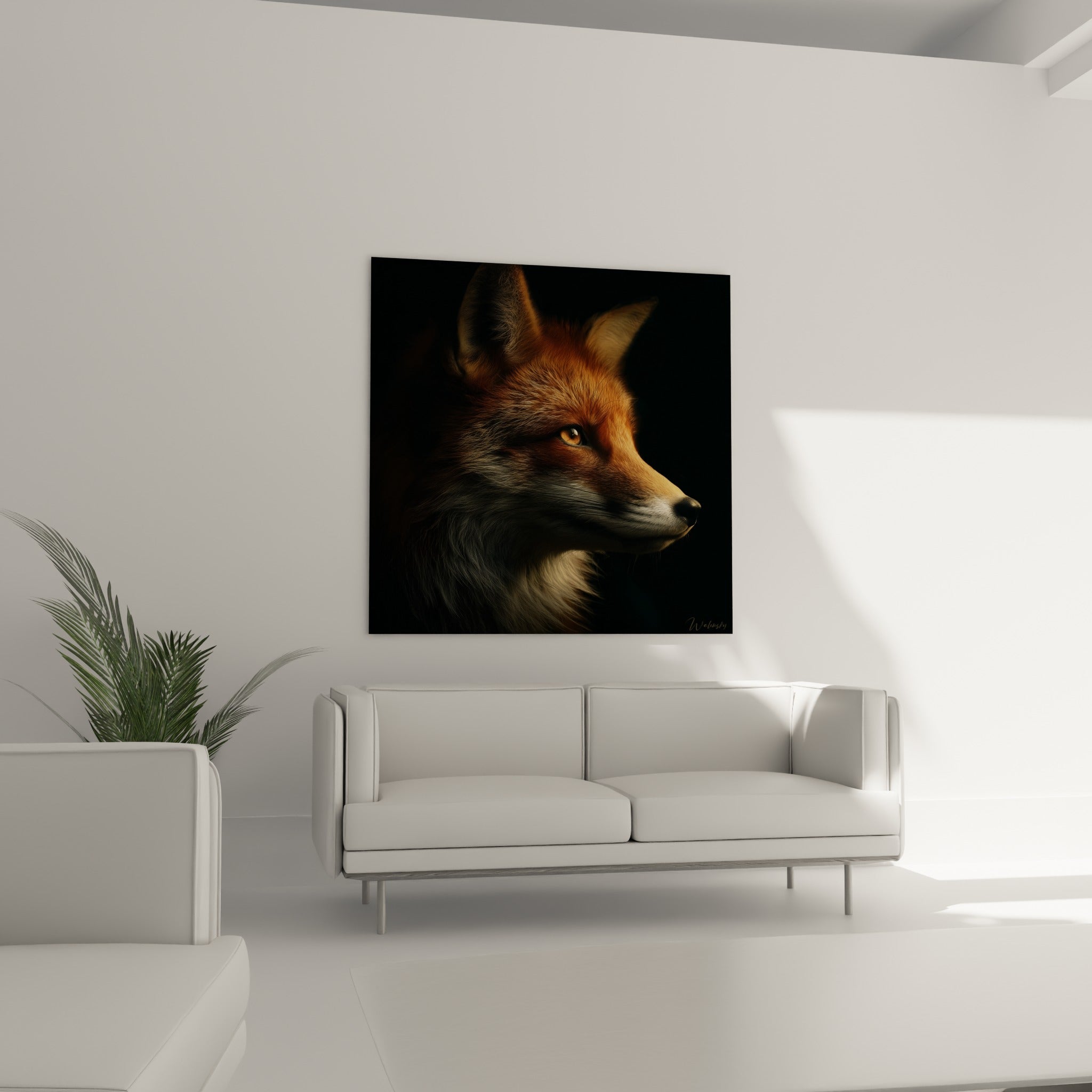 Renard doré et anthracite domine un canapé dans un salon lumineux baigné de clarté naturelle
