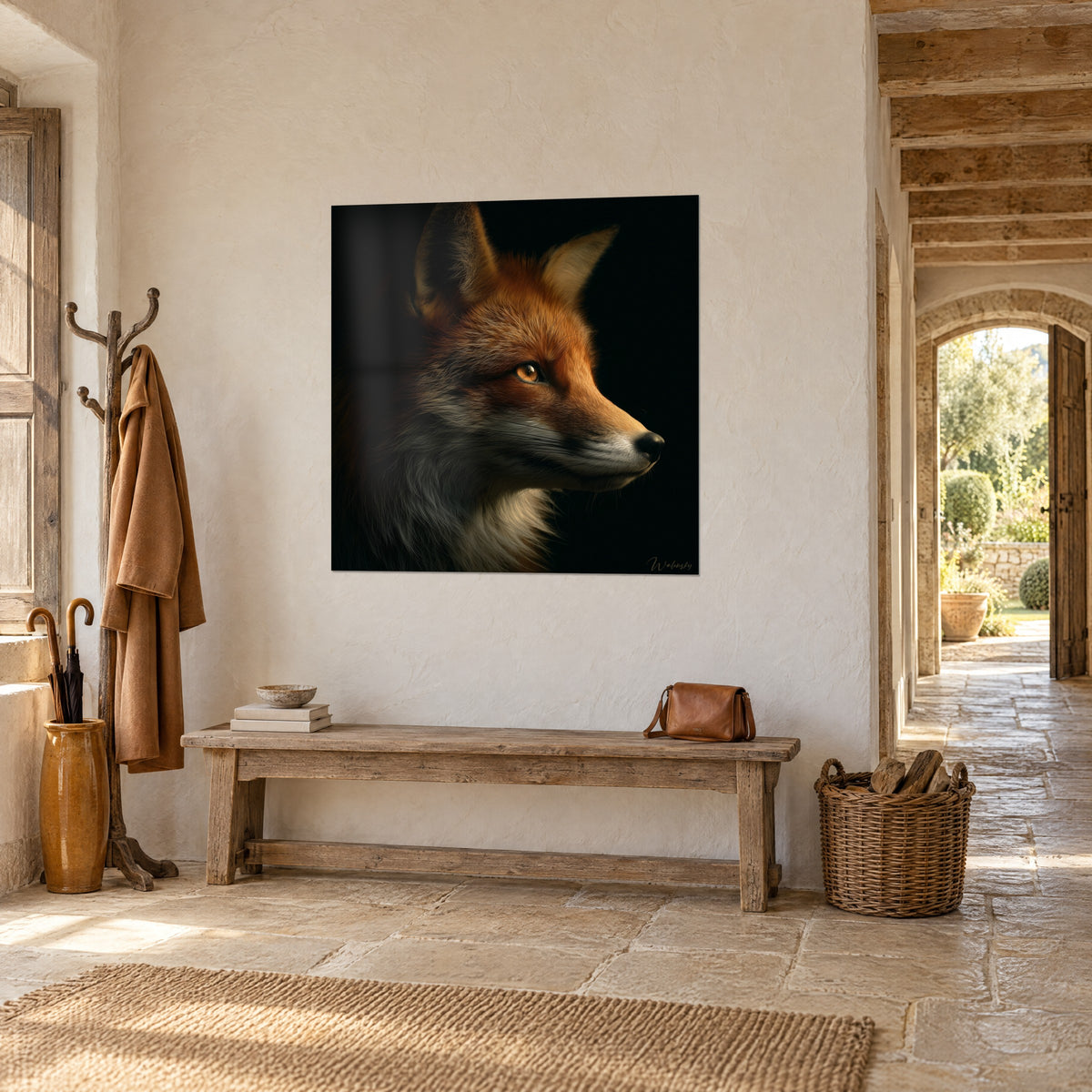 Wall art fox with orange and charcoal grey fur, muzzle turned right, beige rough plaster wall, wooden bench, stone arch