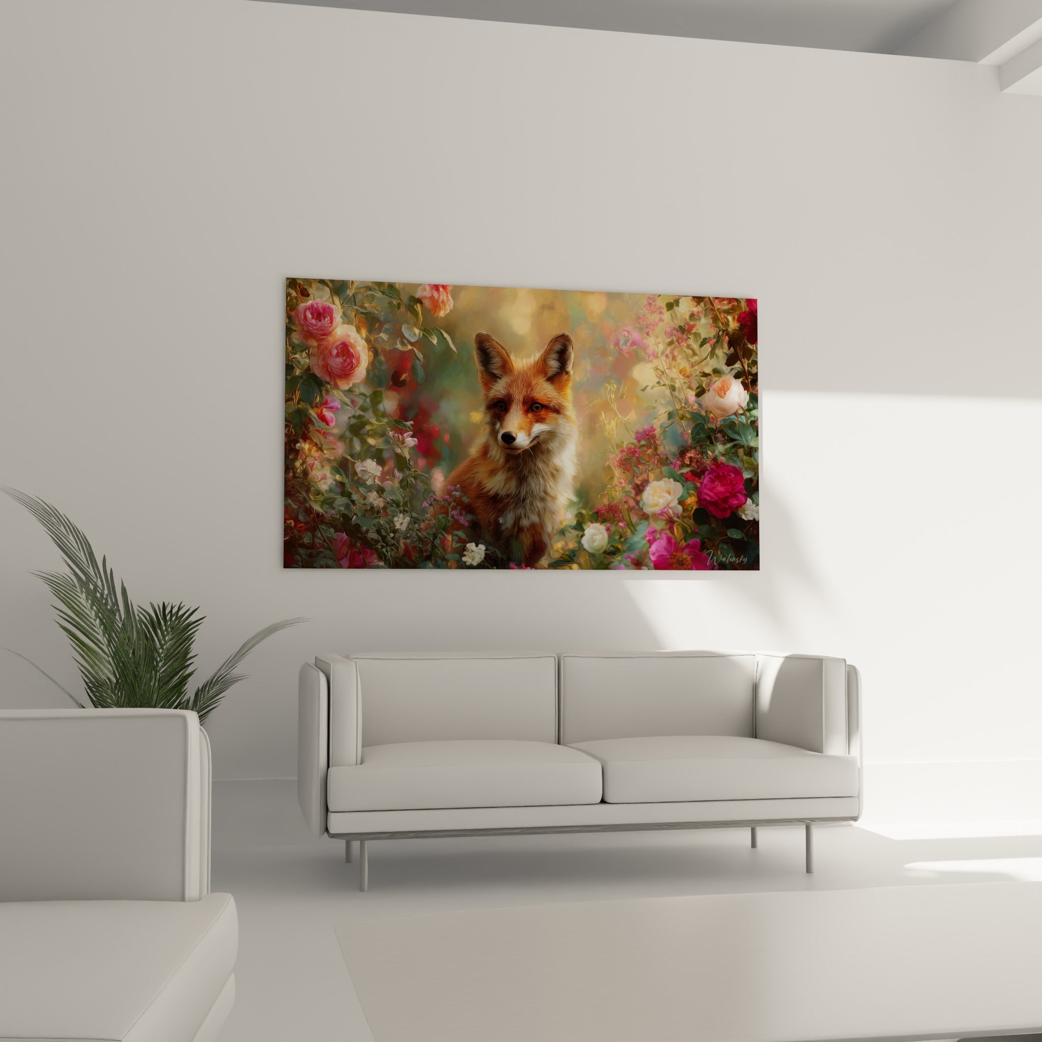 Regard perçant du renard entouré de roses fuchsia, au-dessus d'un canapé dans un salon lumineux