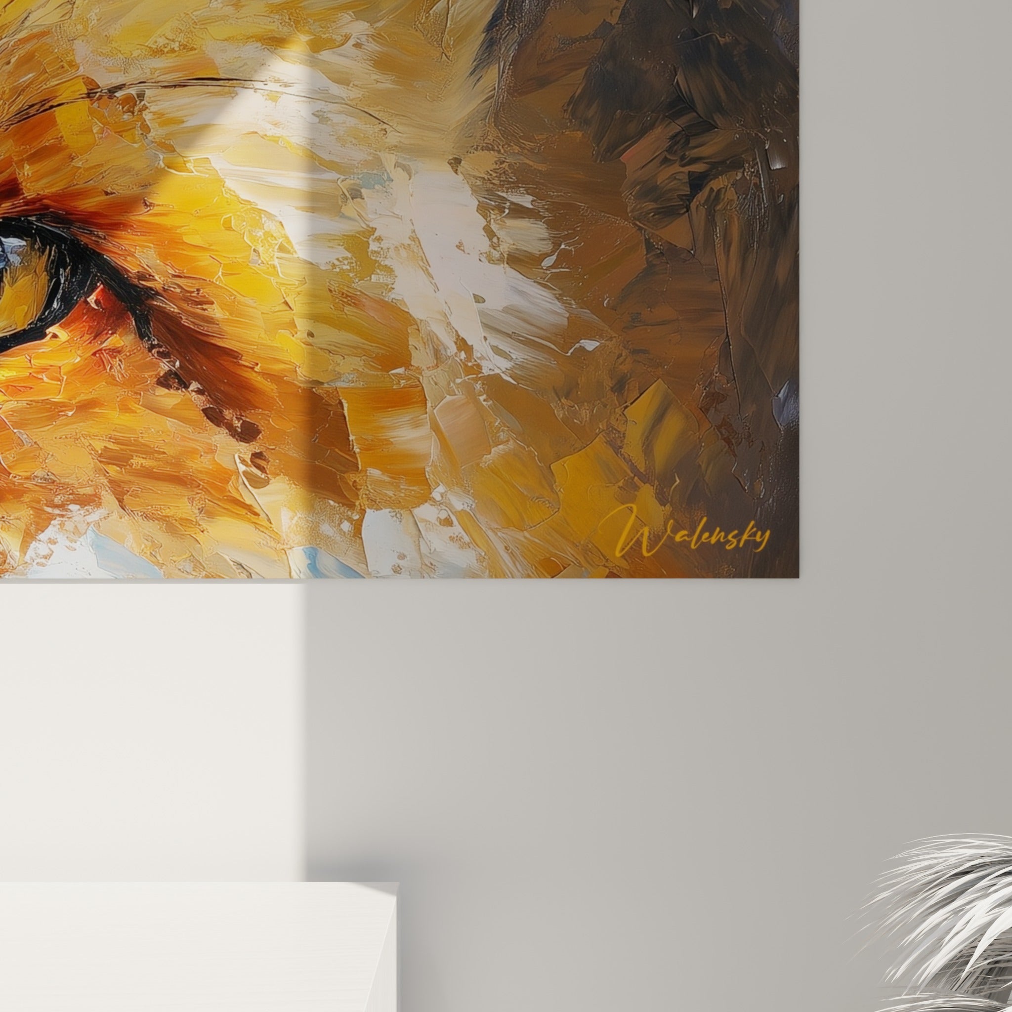 Empâtements épais de peinture orange fauve et jaune doré formant le pelage vibrant du renard