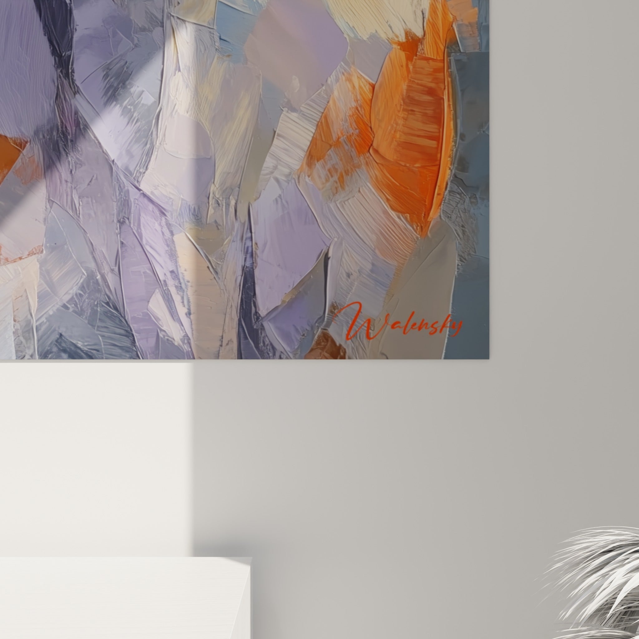 Empâtements orangés et lilas se mêlant au gris anthracite, matière épaisse visible sur la toile du renard.