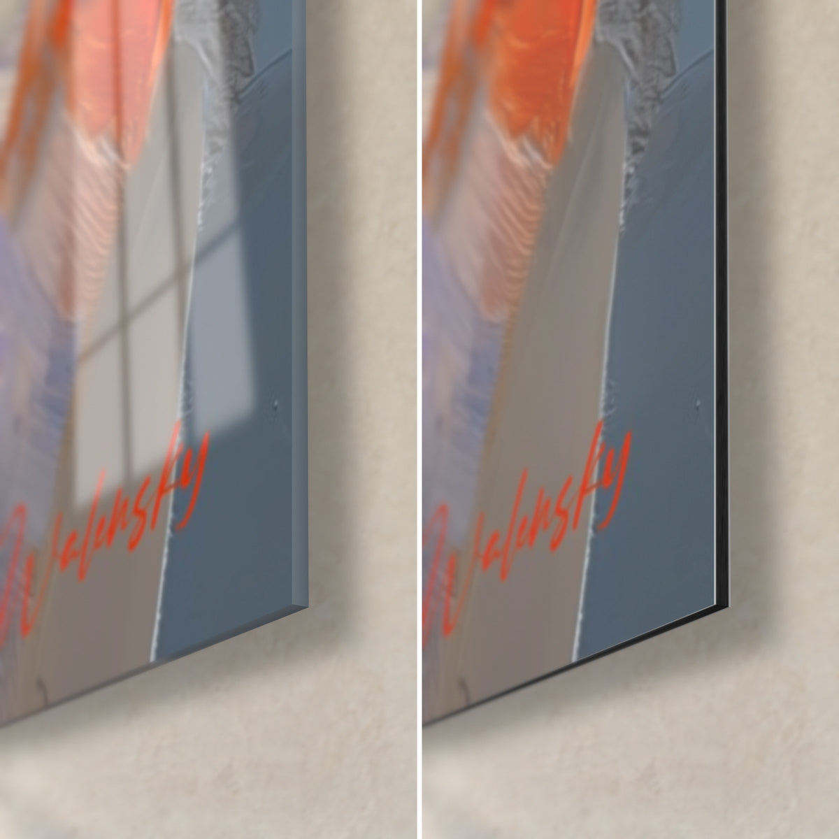 Gemälde Fuchs in Spachteltechnik, untere rechte Ecke: glänzendes Acrylglas mit Reflexen und mattes Dibond-Alu, 3 mm Stärke