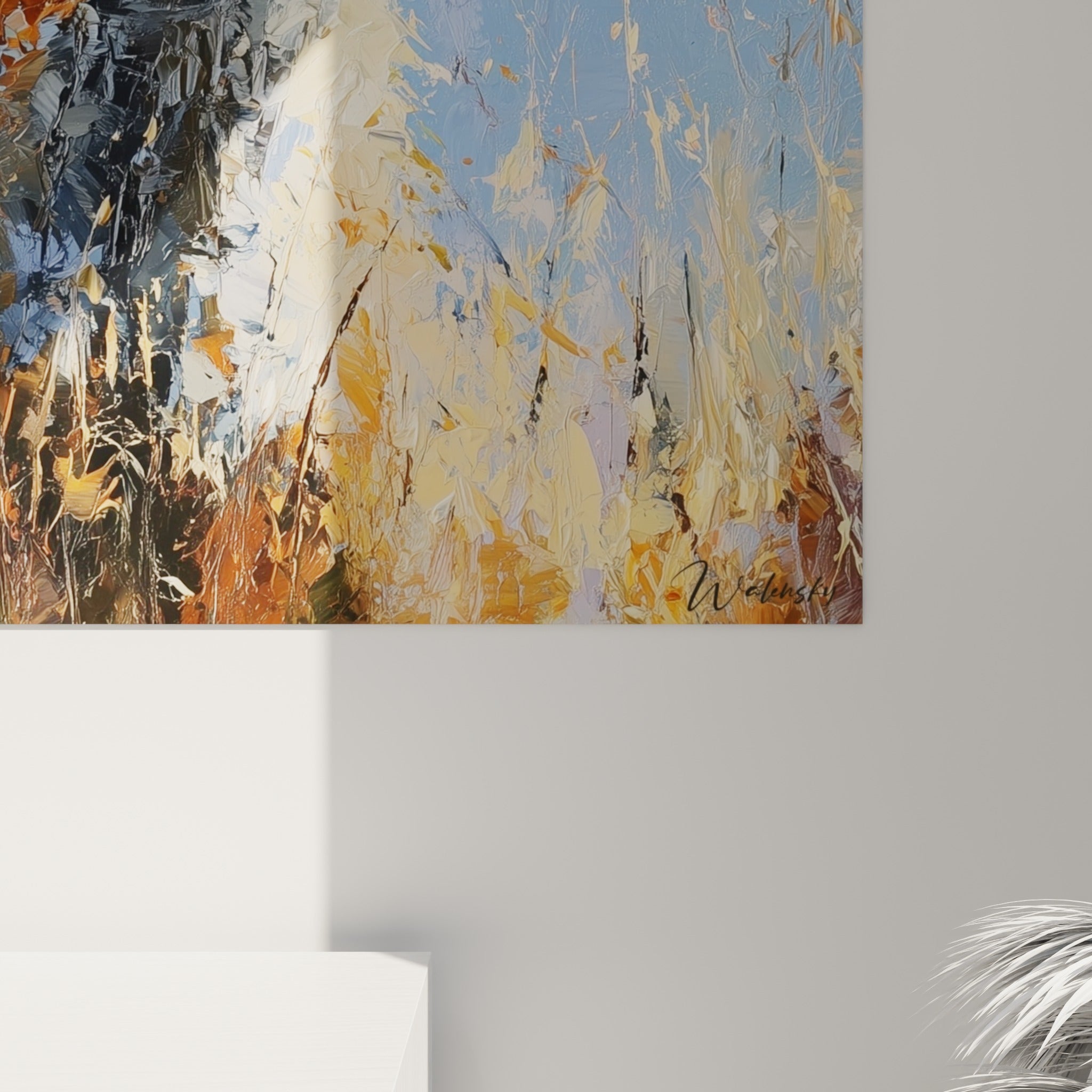 Empâtements orange et blanc du pelage, matière épaisse et coulures dorées visibles de près sur la toile