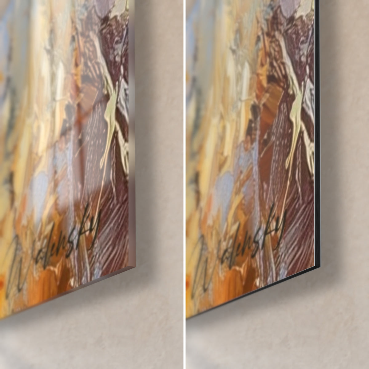 Cuadro zorro pintado con espátula, esquina inferior derecha: cristal acrílico brillante con reflejos, Dibond de aluminio mate marrón y ocre, canto de 3 mm