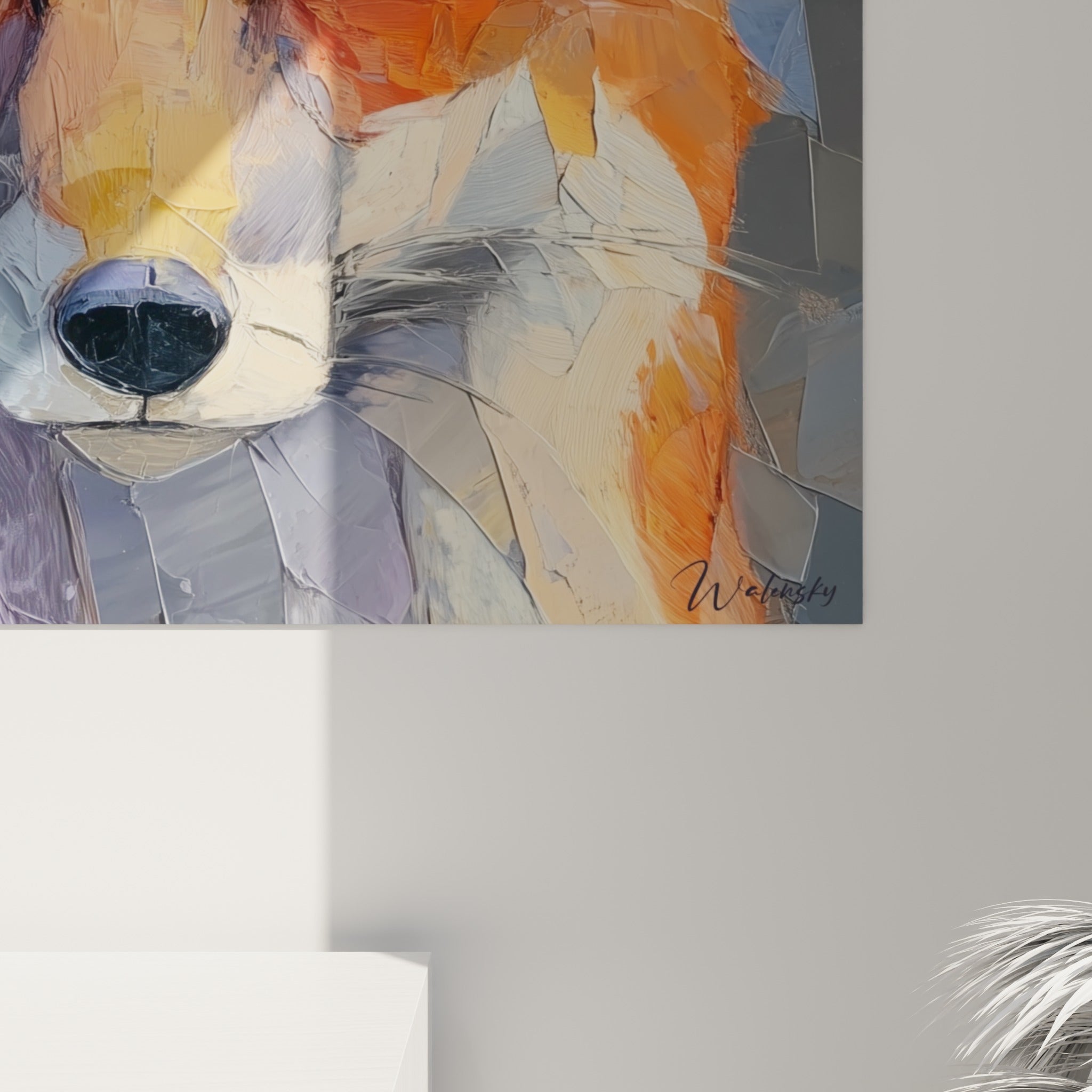 Empâtements orange et violets sur oreilles de renard, matière épaisse et coulures visibles de près
