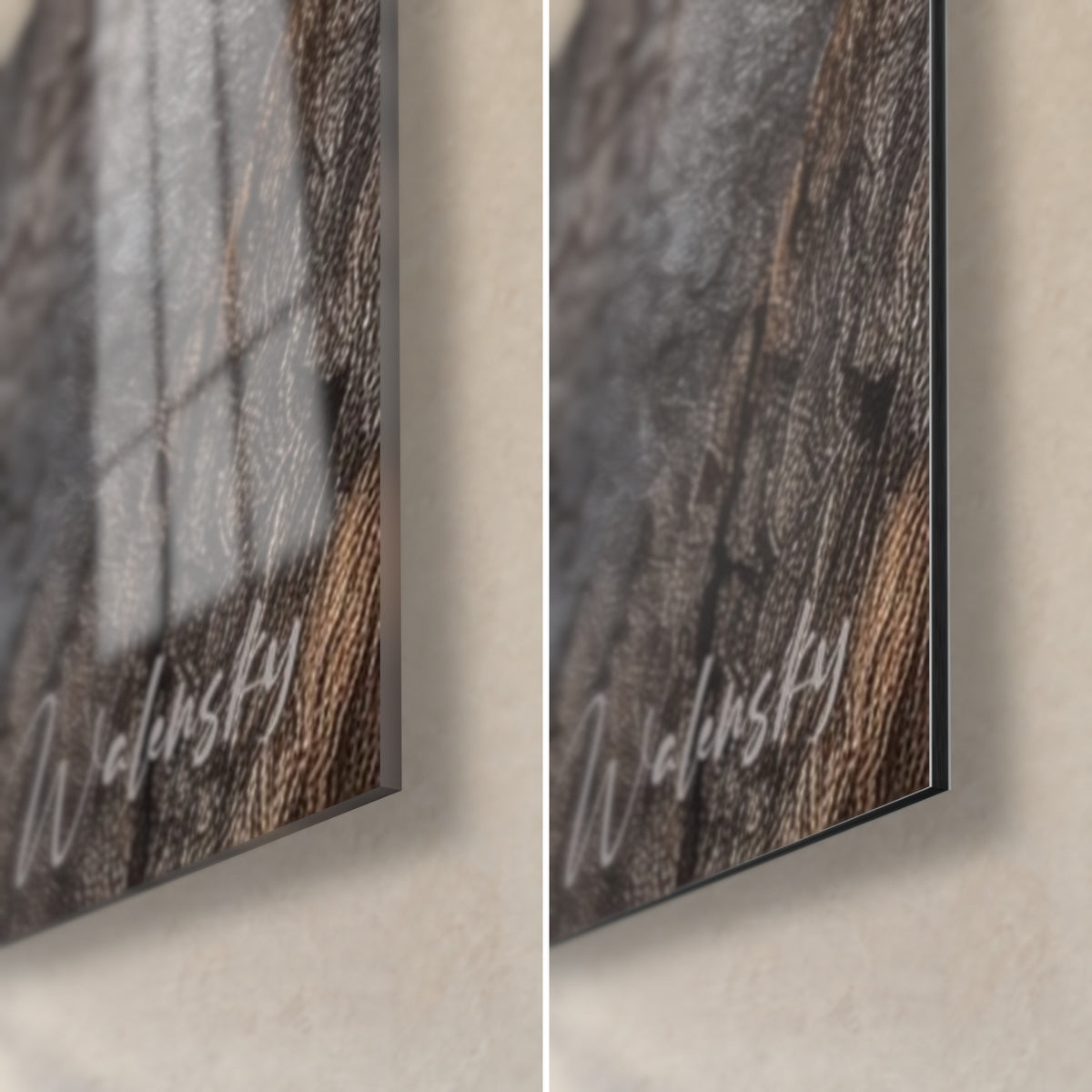 Gemälde Rotfuchs, untere rechte Ecke aus glänzendem Glas und mattem Dibond-Aluminium, braune Rinde und silberne Signatur, 3 mm Stärke
