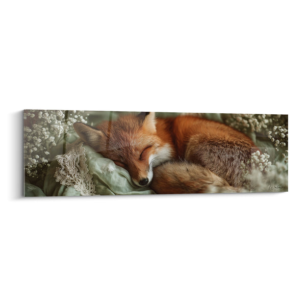 Tableau Roux endormi parmi fleurs blanches et vertes - Coussin de dentelle - Edition Renard
