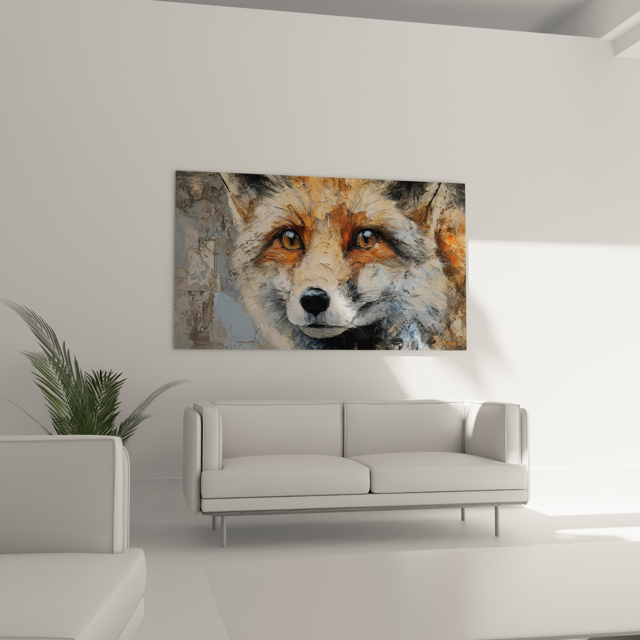 Portrait de renard fauve aux yeux ambrés, texture épaisse, au-dessus d'un canapé dans un salon lumineux